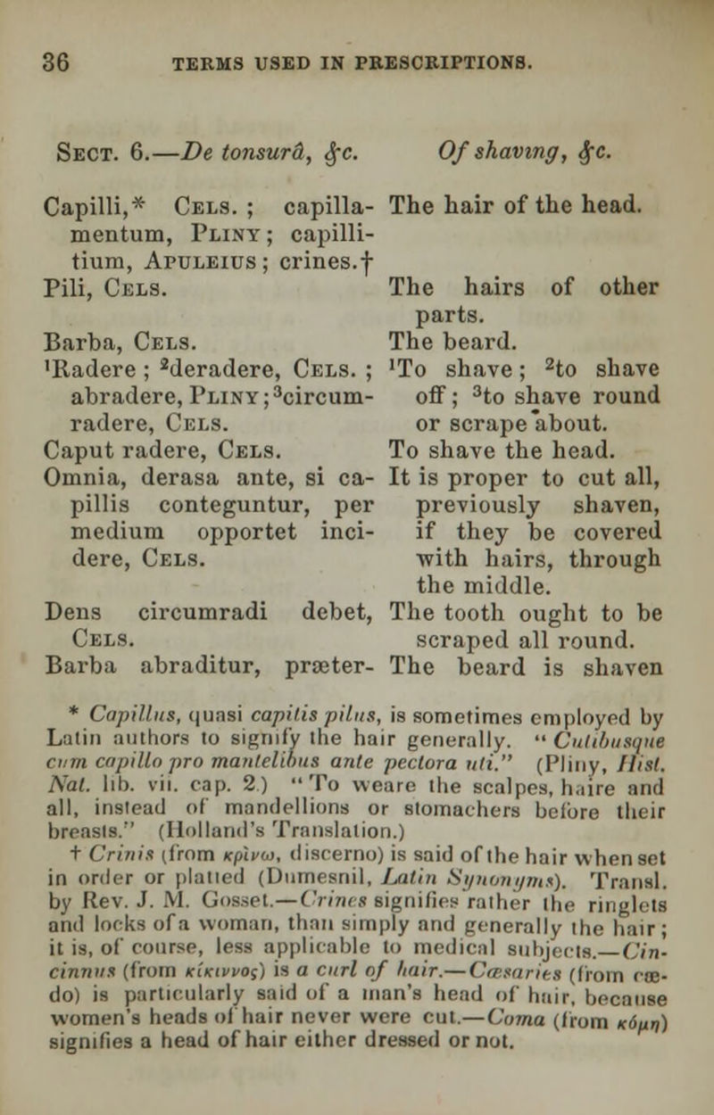 Sect. 6.—Be tonsurd, §c. Of shaving, $c. Capilli,* Cels. ; capilla- The hair of the head, mentum, Pliny ; capilli- tium, Apuleius ; crines.f Pili, Cels. The hairs of other parts. Barba, Cels. The beard. 'Radere ; 2deradere, Cels. ; 'To shave; 2to shave abradere, Pliny ;3circum- off; 3to shave round radere, Cels. or scrape about. Caput radere, Cels. To shave the head. Omnia, derasa ante, si ca- It is proper to cut all, pillis conteguntur, per previously shaven, medium opportet inci- if they be covered dere, Cels. with hairs, through the middle. Dens circumradi debet, The tooth ought to be Cels. scraped all round. Barba abraditur, prseter- The beard is shaven * CapiUus, quasi capitis pilas, is sometimes employed by Latin authors to signify the hair generally.  Cutibusque cum capiUopro manlelibus ante peclora uli. (Pliny, Hill. Nat. lib. vii. cap. 2) To weare the scalpes, h.iire and all, instead of mnndellions or stomachers before their breasts. (Holland's Translation.) t Crinit (from Kfivoi, discerno) is said of the hair when set in order or planed (Dumesnil, Latin Synonyms). Transl. by Rev. J. M. Gosset.-—Crines signifies rather the ringlets and looks of a woman, than simply and generally the hair; it is, of course, less applicable to medical subjects. ('in- cininrx (from KtKiwos) is a curl of hair.— Canaries (from cre- do) is particularly said of a man's head of hair, because women's heads of hair never were cut.—Coma (from *<Sui)) signifies a head of hair either dressed or not.
