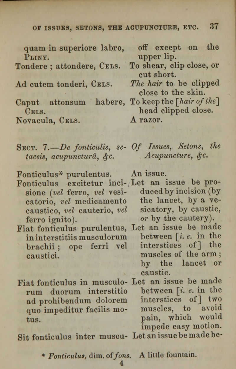quam in superiore labro, off except on the Pliny. upper lip. Tondere ; attondere, Cels. To shear, clip close, or cut short. Ad cutem tonderi, Cels. The hair to be clipped close to the skin. Caput attonsum habere, To keep the [hair of the] Cels. head clipped close. Novacula, Cels. A razor. Sect. 7.—De fonticulis, se- Of Issues, Setons, the taceis, acupunctura, §c. Acupuncture, §c. Fonticulus* purulentus. An issue. Fonticulus excitetur inci- Let an issue be pro- sione (vel ferro, vel vesi- ducedby incision (by catorio, vel medicamento the lancet, by a ve- caustico, vel cauterio, vel sicatory, by caustic, ferro ignito). or by the cautery). Fiat fonticulus purulentus, Let an issue be made ininterstitiismusculorum between [i.e. in the brachii ; ope ferri vel interstices of] the caustici. muscles of the arm ; by the lancet or caustic. Fiat fonticulus in musculo- Let an issue be made rum duorum interstitio between [*'. e. in the ad prohibendum dolorem interstices of] two quo impeditur facilis mo- muscles, to avoid tug. pain, which would impede easy motion. Sit fonticulus inter muscu- Let an issue be made be- * Fonticulus, dim. of/oris. A little fountain. 4