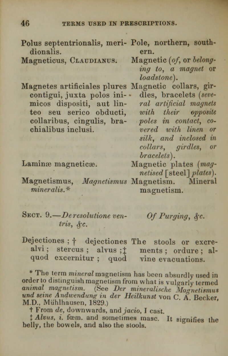 Polus septentrionalis, meri- Pole, northern, south- dionalis. ern. Magneticus, Claudianus. Magnetic (of, or belong- ing! to, a magnet or loadstone). Magnetes artificiales plures Magnetic collars, gir- contigui, juxta polos ini- • dies, bracelets (seve- micos dispositi, aut lin- ral artificial magnets teo seu serico obducti, with their opposite collaribus, cingulis, bra- poles in contact, co- chialibus inclusi. vered with linen or silk, and inclosed in collars, girdles, or bracelets). Laminae magnetics;. Magnetic plates (mag- ?ielised [steel] plates). Magnetismus, Magnetismus Magnetism. Mineral mineralis.* magnetism. Sect. 9.—Deresolutione ven- Of Purging, $c. tris, Sec. Dejectiones ; f dejectiones The stools or excre- alvi; stercus ; alvus ;J ments ; ordure; al- quod excernitur ; quod vine evacuations. * The term mineral magnelism has been absurdly used in order lo distinguish magnelism from what is vulgarly termed animal magnetism. (See Der mineralixchc Magnetismui und seine Andwendunc in der Ileilkunst von C A Rerkpr M.D., Muhlhausen, 1829.) t From de, downwards, and jacio, I cast. { Alvus, i. fcem. and sometimes masc. It signifies the belly, the bowels, and also the stools.