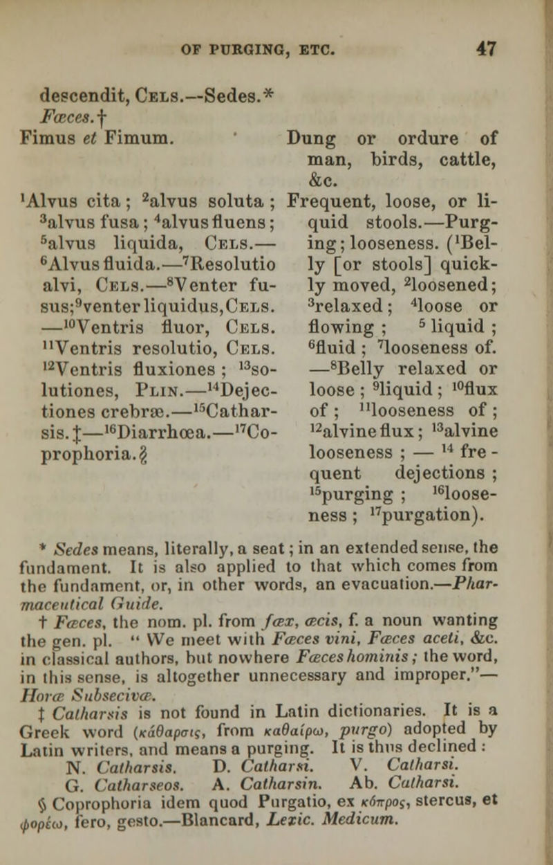 descendit, Cels.—Sedes.* Faces, f Fimus et Fimum. Dung or ordure of man, birds, cattle, &c. ■Alvus cita; 2alvus soluta ; Frequent, loose, or li- 3alvus fusa; 4alvusfluens; quid stools.—Purg- 5alvus liquida, Cels.— ing; looseness. ('Bel- 6Alvusfluida.—7Resolutio ly [or stools] quick- alvi, Cels.—8Venter fu- ly moved, 2loosened; sus;9venterliquidus,CELS. 3relaxed; 4loose or —10Ventris fluor, Cels. flowing ; 5 liquid ; Ventris resolutio, Cels. 6fluid ; 'looseness of. 12Ventris fluxiones ; 13so- —8Belly relaxed or lutiones, Plin.—14Dejec- loose ; 9liquid; l0flux tiones crebrae.—15Cathar- of ; looseness of ; sis. J—16Diarrhoea.—17Co- l2alvineflux; 13alvine prophoria.g looseness ; — 14 fre - quent dejections ; 15purging ; ^loose- ness ; 17purgation). • Sedes means, literally, a seat; in an extended sense, the fundament. It is also applied to that which comes from the fundament, or, in other words, an evacuation.—Phar- maceutical (1 utile. t Faces, the nom. pi. from fax, acts, f. a noun wanting the gen. pi.  We meet with Fasces vini, Faces aceti, &c. in classical authors, hut nowhere Faceshominis; the word, in this sense, is altogether unnecessary and improper.— Horcs SubsecivOk $ Catharsis is not found in Latin dictionaries. It is a Greek word {KaOapaiq, from Ka6aipa), purgo) adopted by Latin writers, and means a purging. It is thus declined : N. Catharsis. D. Catharsi. V. Catharsi. G. Catharseos. A. Catharsin. Ab. Catharsi. $ Coprophoria idem quod Purgatio, ex <c6rrpoj, stercus, et •popeco, fero, gesto.—Blancard, Lexic. Medicum.