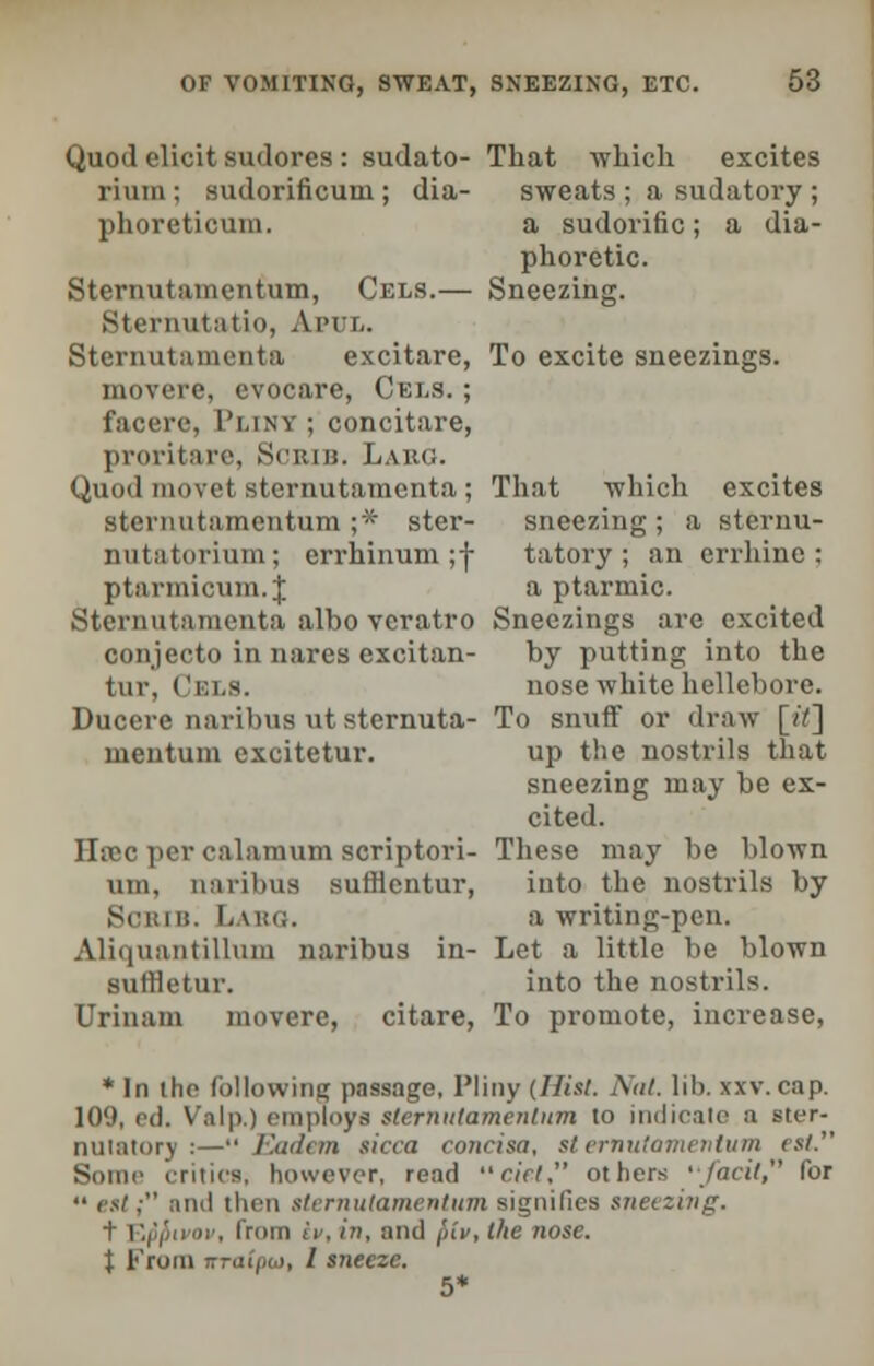 Quod elicit sudores : sudato- That which excites rium : sudorificum ; dia- sweats ; a sudatory ; phoreticum. a sudorific; a dia- phoretic. Sternutamentum, Cels.— Sneezing. Sternutatio, Apxjl. Sternutamenta excitare, To excite sneezings. movere, evocare, Cels. ; faoere, 1'i.inv ; ooncitare, proritare, Scum. Larg. Quod movet sternutamenta ; That which excites sternutamentum ;* ster- sneezing; a stcrnu- nutatorium; errhinum ;f tatory; an errhine : ptarmicum.J a ptarmic. Sternutamenta albo veratro Sneezings are excited conjecto in nares excitan- by putting into the tur, Cels. nose white hellebore. Ducere naribus ut sternuta- To snuff or draw [i7] mentum excitetur. up the nostrils that sneezing may be ex- cited. Htcc per calamum scriptori- Tliese may be blown um, naribus sufflentur, into the nostrils by SOBJB. Labg. a writing-pen. Aliquantillum naribus in- Let a little be blown suffletur. into the nostrils. Urinam movere, citare, To promote, increase, * In the following passage, Pliny (Hist. Nat. lib. xxv. cap. 109, ed. V'.ilp.) employs stemuiameninm to indicate a ster- nutatory :— Eadem sicca concisa, sternutamentum est. Some critics, however, read ciet, others • Jacit, for  est, ami then sternutamentum signifies sneezing. t EfJjWov, from iv, in, and piv, the nose. X From nraijiu, I sneeze. 5*