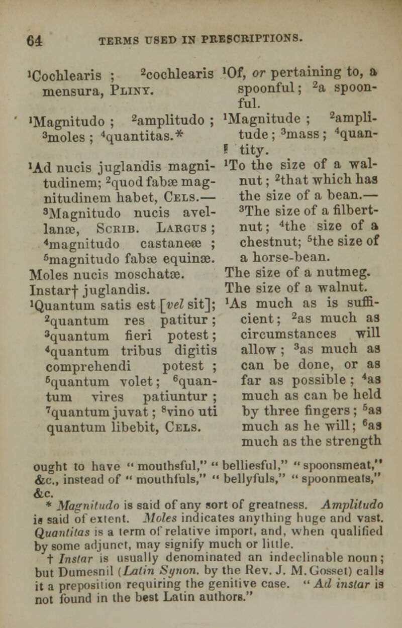 'Cochlearis ; 2cochlearis mensura, Pliny. 'Magnitudo ; 2amplitudo ; 3moles ; 4quantitas.* •Ad nucis juglandis magni- tudinem; 2quod fabse mag- nitudinem habet, Cels.— 3Magnitudo nucis avel- lana;, Scrib. Largus ; 4magnitudo castanese ; 5magnitudo fabse equinse. Moles nucis moschatae. Instarf juglandis. 'Quantum satis est \yel sit]; 2quantum res patitur; 'quantum fieri potest; 4quantum tribus digitis comprehendi potest ; 6quantum volet; 6quan- tum vires patiuntur ; 'quantum juvat; 8vinouti quantum libebit, Cels. 'Of, or pertaining to, a spoonful; 2a spoon- ful. 'Magnitude ; Ampli- tude ; 3mass; 4quan- » tity. 'To the size of a wal- nut ; 2that -which has the size of a bean.— 3The size of a filbert- nut ; 4the size of a chestnut; 5the size of a horse-bean. The size of a nutmeg. The size of a walnut. 'As much as is suffi- cient; 2as much as circumstances will allow ; 3as much as can be done, or as far as possible ; 4aa much as cau be held by three fingers; 5aa much as he will; 6as much as the strength belliesful,  spoonsmeat, 1 bellyfuls,  spoonmeats, ought to have  mouthsful, &c, instead of  mouihfuls, &c. * Magnitude) is said of any sort of greatness. Amplitudo it said of extent. Moles indicates anything huge and vast. Quantilas is a term of relative import, and, when qualified by some adjunct, may signify much or little. t Instar is usually denominated an indeclinable noun; but Dumesnil (Latin Synon. by the Rev. J. M.Gosset) calls it a preposition requiring the genitive case.  Ad instar is not found in the best Latin authors.