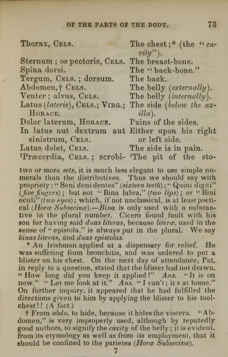 Thorax, Cels. The chest;* (the  ca- vity). Sternum ; os pectoris, Cels. The breast-bone. Spina dorsi. The back-bone. Tergum, Cels. ; dorsum. The back. Abdomen,f Cels. The belly (externally). Venter; alms, Cels. The belly {internally). Latus (lateris), Cels.; Virg.; The side (below the ax- Horace. ilia). Dolor laterum, Horace. Pains of the sides. In latus aut dextrum aut Either upon his right sinistrum, Cels. or left side. Latus dolet, Cels. The side is in pain. •Praccordia, Cels. ; scrobi- 'The pit of the sto- two or more sets, it is much less elegant to use simple nu- merals than the distributives. Thus we should say with propriety :  Seni deni denies (sixteen leellt); Quini digiti (Jive fingers); hut not  Bina labra, (two lips); or  Bini oculi (two eyes); which, if not unclassieal, is at least poeti- cal (Horce Suhseciva:).—Bina is only used with a substan- tive in the plural number. Cicero found fault with his son for having said duas lileras, because literal, used in the sense of  epislola, is always put in the plural. We say binas lileras, and duas epislolas. * An Irishman applied at a dispensary for relief. He was suffering from bronchitis, and was ordered to put a blister on his chest. On the next day of attendance, Pat, in reply to a question, stated that the blister had not drawn. How long did you keep it applied? Arts. It is on now.  Let me look at it. Ans.  I can'l; it s at home. On further inquiry, it appeared that he had fulfilled the directions given to him by applying the blister to his tool- chest!! (A fact.) t From altdo, lo hide, because it hides the viscera. Ab- domen, is very improperly used, although by reputedly good authors, to signify the cavity of the belly ; it is evident, from its etymology as well as from its employment, that it should be confined lo the parietes (Horai Subsecivce).