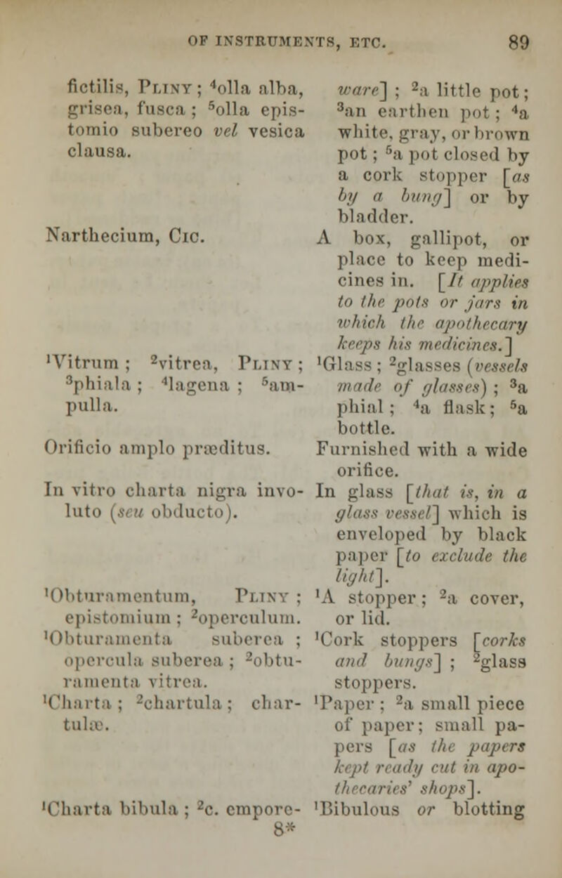 fietilis. Punt; *olla alba, grisea, fusca ; 5olla epis- totnio subereo vel vesica clausa. Narthecium, Cic. 'Vitrum ; *vitrea, Pliny ; sphiala ; 'lagena : 5am- pulla. Orificio amplo prseditus. In vitro charta nigra invo- Iuto 1/ u obducto). 'Obturamentum, P] epistomium ; 'operculum. 'Obturamenta suberea ; opercula suberea ; zobtu- ramenta \ ttrea. ■Charta ; -Vhartnla ; char- tulte. 'Charta bibula ; 2c. cmporc- 8* ware] ; 2a little pot; 3an earthen pot; 4a white, gray, or brown pot; Ba pot closed by a cork stopper [<w by a bung] or by bladder. A box, gallipot, or place to keep medi- cines in. [It applies to the pots or jars in wkioh the apothecary keeps his medicines.] 'Glass; '-glasses (vessels made of glasses) ; 3a phial : 'a. flask; 5a bottle. Furnished with a wide orifice. In glass [Ihut is, in a glass rrx.viV] which is enveloped by black paper [to exclude the light]. 'A stopper; 2a cover, or lid. 'Cork stoppers [corks and bungs] ; 2glass stoppers. 'Paper ; -a small piece of paper; small pa- 3 [as the papers kepi ready rut in apo- thecaries' shops']. 'Bibulous or blotting