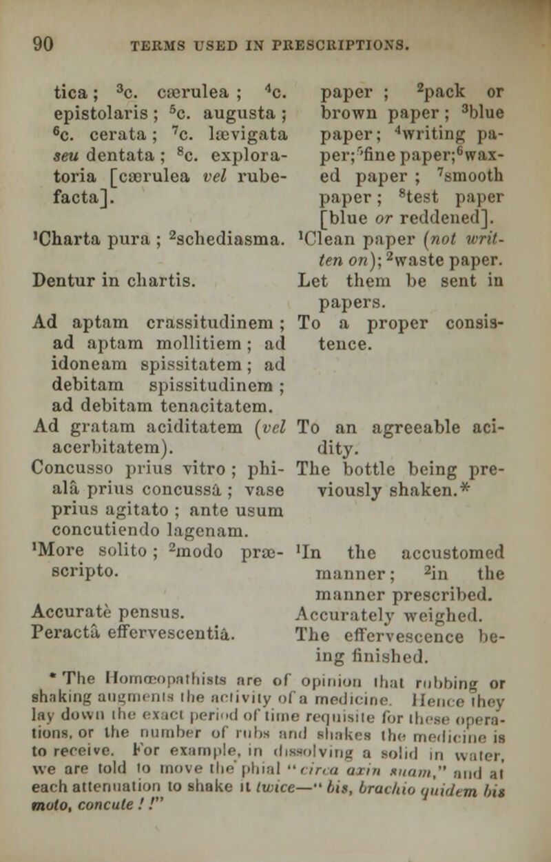 paper ; 2pack or brown paper; 3blue paper; 4writing pa- per;''fine paper;6 wax- ed paper ; 'smooth paper; 8test paper [blue or reddened]. 'Clean paper (not writ- ten on); 2waste paper. Let them be sent in tica; 3c. cserulea ; 4c. epistolaris ; 5c. augusta ; 6c. cerata; 7c. laevigata seu dentata ; 8c. explora- toria [caorulea vel rube- facta]. 'Charta pura ; 2schediasma. Dentur in chartis. papers. Ad aptam crassitudinem; To a proper consis- ad aptam mollitiem ; ad tence. idoneam spissitatem; ad debitam spissitudinem; ad debitam tenacitatem. Ad gratam aciditatem (vel To an agreeable aci- acerbitatem). dity. Concusso prius vitro ; phi- The bottle being pre- ala, prius concussa ; vase viously shaken.* prius agitato ; ante usum concutiendo lagenani. 'More solito; 2modo prae- 'In the accustomed scripto. maniior; 2in the manner prescribed. Accurately weighed. The effervescence be- ing finished. * The Homoeopathists am of opinion iti.it rubbing or shnkm!.' augments ihe activity of a medicine Hence they lay down itie exact period of time requisite lor these opera- tions, or ilie number of rubs and shakes the medicine is to receive. For example, in dissolving a solid m water, we are told to move the'phial circa axin nnam, and at each attenuation to shake it twice— bis, brachio guidem l/is muto, concute !.' Accurate pensus. Peracta, effcrvescentiu