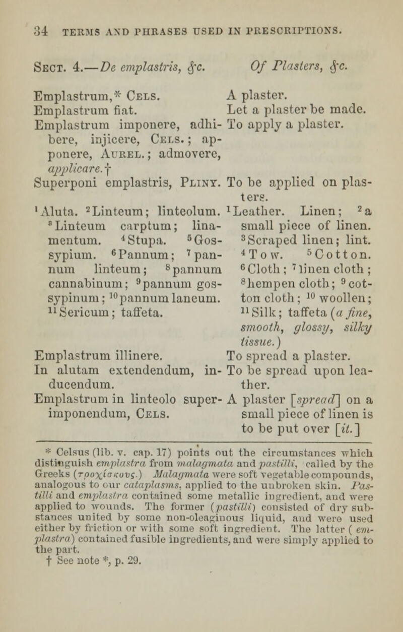 Sect. 4.—De emplastris, $c. Of Plasters, <jc. Emplastruin,* Cels. A plaster. Emplastrum fiat. Let a plaster be made. Emplastrum iinpouere, adhi- To apply a plaster. bere, iDjicere, Cels. ; ap- ponere, Aurel. ; admovere, t/jijilicare.f Superponi emplastris, Pliny. To be applied on plas- ters. 'Aluta. 2Linteum; linteolum. rLeather. Linen; 2a Linteuui carptum; lina- small piece of linen. mentum. 4Stupa. 5Gos- 3Scraped linen; lint. sypium. 6Pannum; 7pan- 4To\v. 5 Cotton. nam linteum; 8pannum 6Cloth ; 'linen cloth ; cannabiuum; 9pannum gos- 8hempen cloth; 9cot- sypinum; 10pannum laneum. ton cloth ; 10 woollen; 11Sericum; taffeta. uSilk; to,Seta, (a fine, smooth, glossy, silky tissue.) Emplastrum illinere. To spread a plaster. In alutam extendendum, in- To be spread upon lea- ducendum. thcr. Emplastrum in linteolo super- A plaster [spread] on a imponendum, Cels. small piece of linen is to be put over [it.] * Celsus (lib. v. cap. 17) points out the circumstances which distinguish emplastra from malagmata and pastiUi, called by the Greeks (rpox'fffouj.) Malagmata were soft vegetable compounds) analogous to our cataplasms, applied to the unbroken skin. Pas- ////('and emplastra contained some metallic ingredient, and wore applied to wounds. The former (pastHZi) consisted of dry sub- stances united by some non-oleaginous liquid, and were used either by friction or with some soft ingredient. The latter ( em- plastra) contained fusible ingredients, and were simply applied to the pai t. t See note *, p. 29.