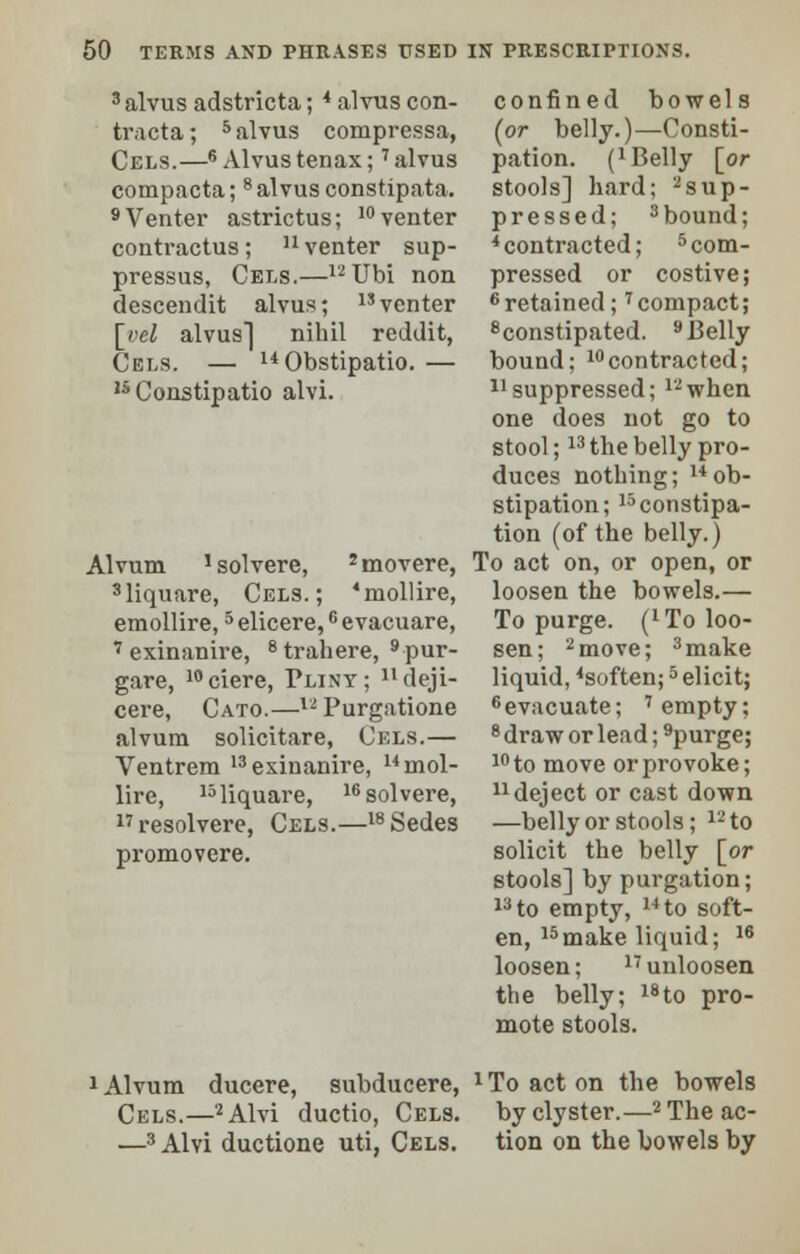 3 alvus adstricta; 4 alvus con- tracta; 5 alvus compressa, Cels.—6 Alvus tenax;7 alvus compacta;8 alvus constipata. 9 Venter astrictus; 10 venter contractus; n venter sup- pressus, Cels.—12Ubi non descendit alvus; venter [vel alvus] nihil reddit, Cels. — uObstipatio. — ,s Constipatio alvi. Alvum solvere, 'movere, 3liquare, Cels.; 'mollire, emollire,5 elicere,6 evacuare, 7 exinanire, 8 trahere, 9 pur- gare, 10ciere, Pliny; lldeji- cere, Cato.—l2 Purgatione alvura solicitare, Cels.— Ventrem 13 exinanire, uinol- lire, 13liquare, 16 solvere, 17 resolvere, Cels.—18 Sedes promovere. confined bowels (or belly.)—Consti- pation. (lBelly [or stools] hard; 2sup- pressed; 3bound; 4 contracted; 5 com- pressed or costive; 6 retained;7 compact; 8constipated. 9 Belly bound; 10 contracted; 11 suppressed; 12when one does not go to stool;13 the belly pro- duces nothing; uob- stipation; 15 constipa- tion (of the belly.) To act on, or open, or loosen the bowels.— To purge. (*To loo- sen; 2move; 3make liquid, 4soften;5 elicit; 6evacuate; 'empty; 8 draw or lead; 9purge; 10 to move or provoke; deject or cast down —belly or stools; 12to solicit the belly [or stools] by purgation; 13 to empty, uto soft- en, 15make liquid; 16 loosen; n unloosen the belly; 18to pro- mote stools. 1 Alvum ducere, subducere, 1 To act on the bowels Cels.—2Alvi ductio, Cels. byclyster.—2Theac- —3 Alvi ductione uti, Cels. tion on the bowels by