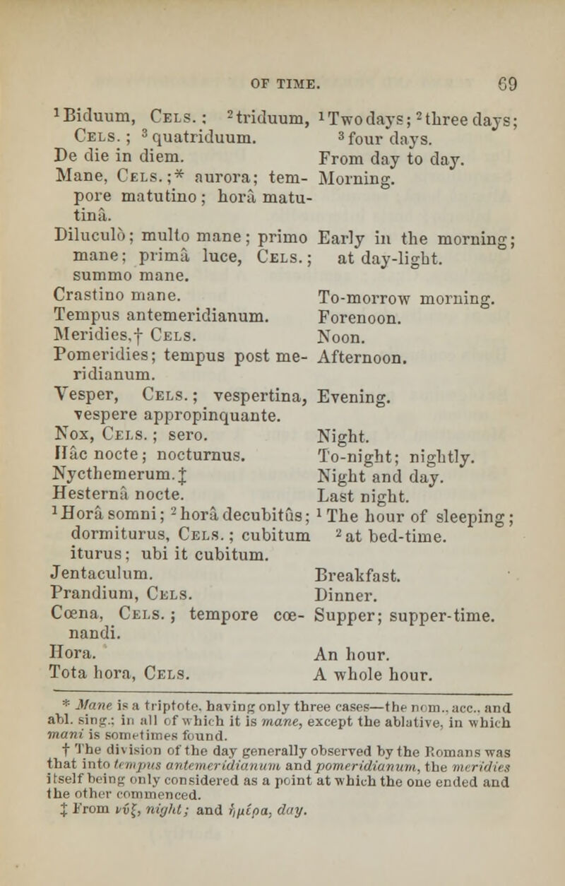 JBiduum, Cels. : 2triduum, » Two days;2 three days; Cels. ; 3 quatriduum. 3four days. De die in diem. From day to day. Mane, Cels.;* aurora; tern- Morning. pore matutino ; hora matu- tina. Diluculo; multo mane ; primo Early in the morning; mane; prima luce, Cels.; at day-light. summo mane. Crastino mane. To-morrow morning. Tempus antemeridianum. Forenoon. Meridies.f Cels. Noon. Pomeridies; tempus post me- Afternoon. ridianum. Vesper, Cels. ; vespertina, Evening. vespere appropinquante. Nox, Cels. ; sero. Night. Ilacnocte; nocturnus. To-night; nightly. Nycthemerum.J Night and day. Hesterna nocte. Last night, ^orasomni;2 hora decubitus; > The hour of sleeping; dormiturus, Cels.; cubitum 2at bed-time. iturus; ubi it cubitum. Jentaculum. Breakfast. Prandium, Cels. Dinner. Ccena, Cels.; tempore coe- Supper; supper-time. nandi. Hora. An hour. Tota hora, Cels. A whole hour. * Wane U a tiiptoto. having only three cases—the nom.. ace. and abl. sing.: in all of which it is mane, except the ablative, in which mani is sometimes found. t The division of the day generally observed by the Komanswas that into U mpus antnmridianum andpomeridianum, the mrridies itself being only considered as a point at which the one ended and the other commenced. % from vv\, night; and r,/upa, day.
