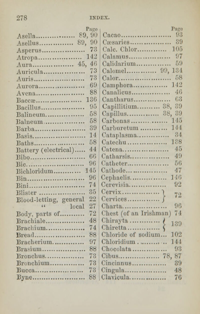 Page Asella F9,9U Asellus 8U, 90 Asperus 73 Atropa 142 Aura 45, 46 Auricula 73 Auris 73 Aurora 69 Avena 88 136 Bacillus 95 Balineum 58 Balneum 58 Barba 39 Basis 14 Baths 58 Battery (electrical) 44 Bibo 60 Bic 90 Bichloridum 146 Bin 90 Bini 74 Blister 85 Blood-letting, general 22 local 27 Body, pai-ts of 72 Brachiale 48 Brachium 74 Bread 88 Bracherium 97 Brasium 88 Bronchus 73 Bronchium 73 Bucca 73 Byne 88 Page Cacao 93 Csesaries 89 Calc. Chlor 105 < lalamua 97 Calidarium 59 Calomel 99, 184 Calor 58 Camphora 142 Canalicus 46 Cantharua 68 Capillitium 88, 89 Capillus Carbonas L45 Carburetum 144 Cataplasma 8 1 Catechu 188 Catena 45 Catharsis 49 I latheter 66 Cathode 47 Cephaelis Cerevlsia 92 Cervix \ »„ Cervices J Charta 96 Chest (of an Irishman) 7 I aSff.:--™ (189 Chloride of sodium... 102 Chloridium .. 144 Chocolata 98 Cibus 78, 87 Cincinnus 39 Cingula 48 Clavicula 7G