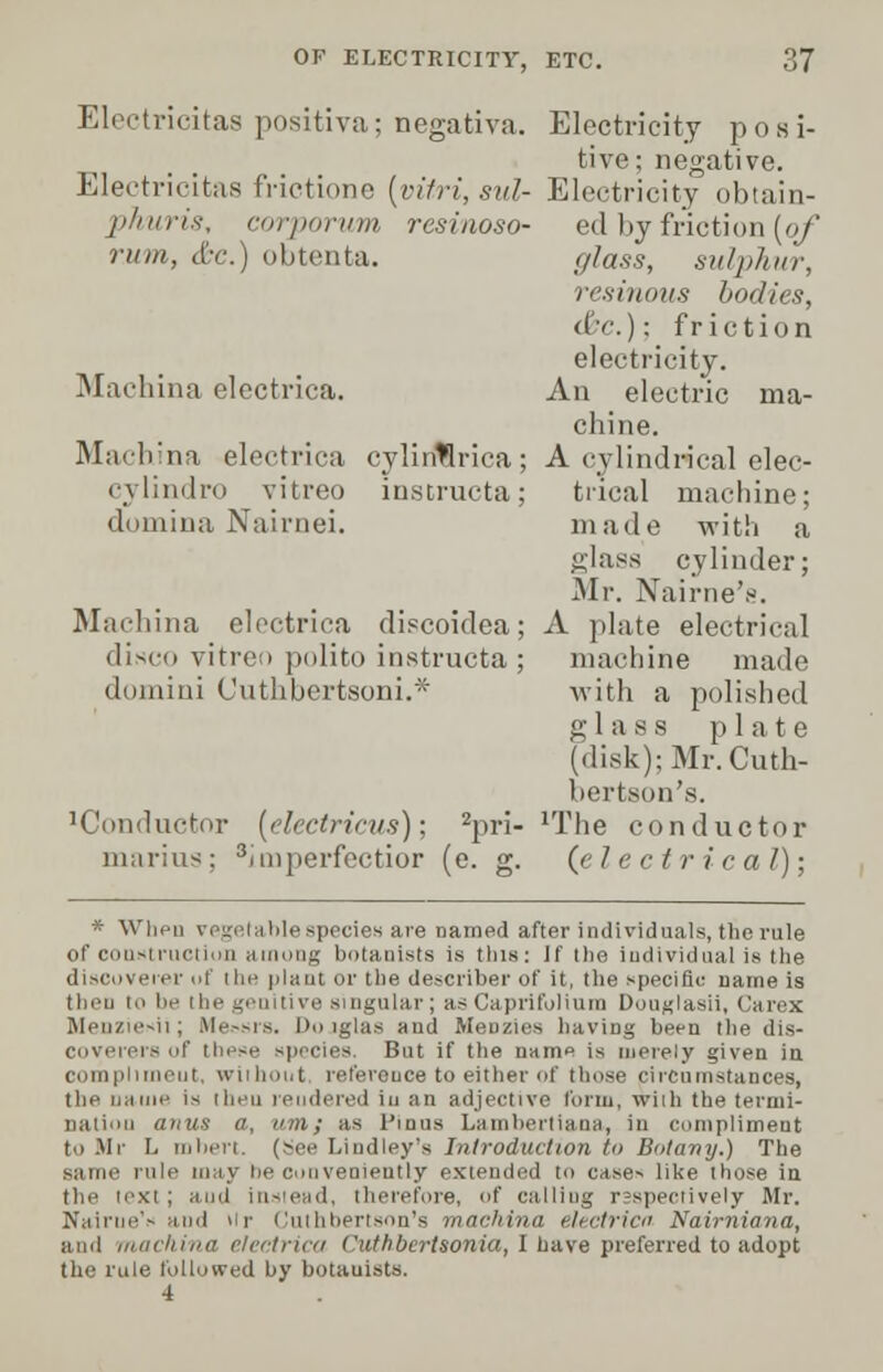 Electricitas positiva; negativa. Electricitas frictione (vifri,sul- phuris, corporum resiaoso- riiin, (t'v.) obtenta. Machina electrica. Machina electrica cyliiftrica: cylindro vitreo instructa; domina Nairnei. Machina electrica discoidea; disco vitre:) polito instructa; domini Cuthbertsoni.* Conductor (elcctricus); 2pri- marius; 3imperfectior (e. g. Electricity posi- tive; negative. Electricity obtain- ed by friction [of glass, sulphur, resinous bodies, (('■<■.): friction electricity. An electric ma- chine. A cylindrical elec- trical machine; made with a glass cylinder; Mr. Nairne's. A plate electrical machine made with a polished glass plate (disk);Mr.Cuth- bertson's. 'The conductor (electrical); * When vegetable species are named after individuals, the rule of construction among botanists is tins: If the individual is the discoverer of the plant or the describer of it, the specific name is then i be the genitive singular; asGaprifolium Douglasa, Carex MeDZiesii; Messrs. Dojglas and Meozies having been the dis- coverers of these species. But if the name is merely given in compliment, without, reference to either id' those circumstances, the name is then rendered in an adjective form, with the termi- nation anus a, inn; as l'inus Lambertiana, in compliment to Mr L mbert. (See Liudley's Introduction to Botany.) The same rule may lie conveniently extended to cases like those in the texi ; and instead, therefore, of calling respectively Mr. Nairne's ami dr Cuthbertson's machina electrica Naimiana, and machina electrica Cuthbertsonia, I have preferred to adopt the rule followed by botauists.