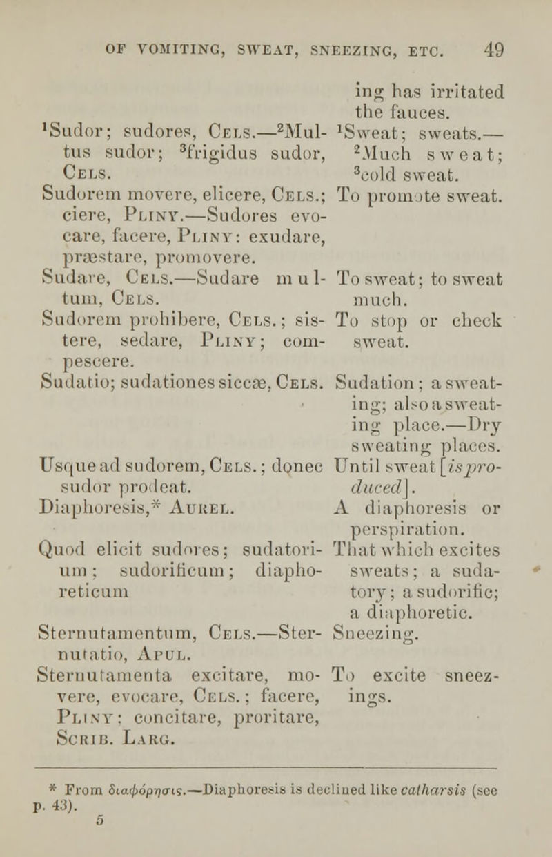ing has irritated the fauces. ■Sudor: sudores, Cels.—2Mul- 'Sweat; sweats.— (us sudor; sfrigidus sudor, 2AIuch sweat; Cels. 3cold sweat. Sudorem morere, elicere, Cels.; To promote sweat. ciere, Pliny.—Sudores evo- care, facere, Pliny: exudare, prsestare, promovere. Sudan', Cels.—Sudare m ul- To sweat; to sweat turn, Cels. much. Sadorem prohibere, Cels.; sis- To stop or check tore, sedare, Pliny; com- sweat. peseere. Sudatio; sudationessiccae, Cels. Sudation; a sweat- ing; alsoasweat- ing place.—Dry sweating places. Usque ad sudorem, Cels. ; donee Until sweat [ispro- smlor prodeat. duced]. Diaphoresis,* Auhel. A diaphoresis or perspiration. Quod elicit sudores; sudatori- That which excites am; sudoriiicum; diaphc- sweats; a suda- reticum tory; asudorific; a diaphoretic. Sternutamentum, Cels.—Ster- Sneezing. nutatio, Apul. Sternutamenta excitare, mo- To excite sneez- vere, evocare, Cels.; facere, ings. Pliny; concitare, proritare, ScRin. Larg. * From 8iai/)dp/)<Tis.—Diaphoresis is declined like Catharsis (see p. 43). 5