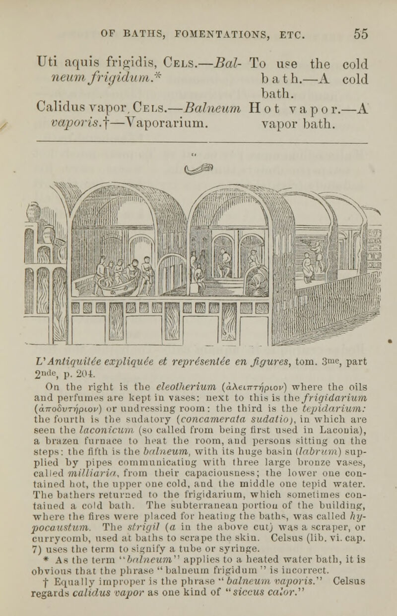 Uti aquis frigidis, Cels.—Bal- To use the cold neum frigidum* bath.—A cold bath. Calidusvapor,Cels.—Balneum Hot vapor.—A vaporis.-\—Vaporarium. vapor bath. VAntiquitee expliquie et representee en figures, torn. 3me, part 2'1'-', p. 201. On the right is the cleolherium (aAei7TTrjpioi') where the oils and perfumes are kept in vases: next to this is thefrigidarium (am>8vTripu)i') or undressing room: the third is the tepidarium: the fourth is the sudatory (concamerata sudatio), in which are seen the laconicum (so called from being first used in Lacouia), a brazeu furnace to heat tlie room, and persons sitting on the steps: the filth is the balneum, with its huge basin (Inbrinn) sup- plied by pipes communicating with three large bronze vases, called milliaria, from their capaciousness; the lower one con- tained hot, the upper one cold, and the middle one tepid water. The bathers returned to the frigidarium, which sometimes con- tained a cold bath. The subterranean portion of the building, where the fires were placed for heating the baths, was called hy- pocaustum. The strigil (a in the above cut) was a scraper, or currycomb, used at baths to scrape the skin. Celsus (lib. vi. cap. V) uses the term to signify a tube or syringe. * As the term hidnetim applies to a heated water bath, it is obvious that the phrase balneum frigidum  is incorrect, f Equally improper is the phrase  balneum vaporis. Celsus regards calidus vapor as one kind of siccus color.