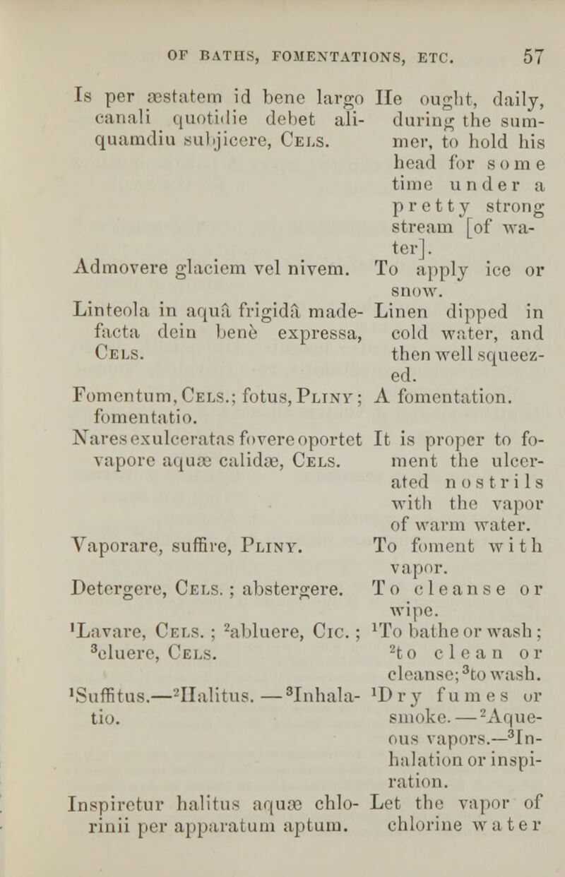 Is per aestatem id bene largo canali quotidie debet ali- quamdiu subjicere, Cels. Admovere glaciem vel nivem. Linteola in aqua frigida made- facta dein bene expressa, Cels. Fomentum.CELS.; fotus,Pliny; fomentatio. Naresexulceratas fovereoportet vapore aquae calidaj, Cels. Vaporare, suffire, Pliny. Detcrgere, Cels. ; abstergere. 'Lavare, Cels. ; '-'abluere, Cic.; seluere, Cels. Suffitus.—-Ilalitus. — 8Inhala- tio. Inspiretur halitus aquas chlo- rinii per apparatum aptum. He ought, daily, during the sum- mer, to hold his head for s o m e time under a pretty strong stream [of wa- ter]. To apply ice or snow. Linen dipped in cold water, and then well squeez- ed. A fomentation. It is proper to fo- ment the ulcer- ated n o s t r i 1 s with the vapor of warm water. To foment with vapor. To cleanse or wipe. 'To bathe or wash ; 2to c 1 e a n o r cleanse; 3to wash. *D r y fumes or smoke. —2 Aque- ous vapors.—in- halation or inspi- ration. Let the vapor of chlorine w a t e r