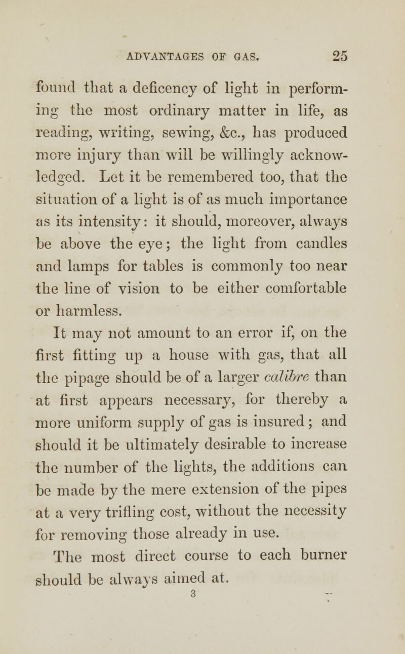 found that a deficency of light in perform- ing the most ordinary matter in life, as reading, writing, sewing, &c., has produced more injury than will be willingly acknow- ledged. Let it be remembered too, that the situation of a light is of as much importance as its intensity: it should, moreover, always be above the eye; the light from candles and lamps for tables is commonly too near the line of vision to be either comfortable or harmless. It may not amount to an error if, on the first fitting up a house with gas, that all the pipage should be of a larger calibre than at first appears necessary, for thereby a more uniform supply of gas is insured; and should it be ultimately desirable to increase the number of the lights, the additions can be made by the mere extension of the pipes at a very trifling cost, without the necessity for removing those already in use. The most direct course to each burner should be always aimed at. 3