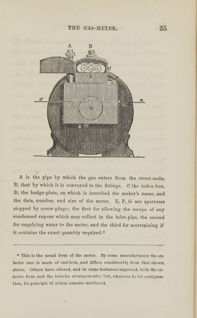 A is the pipe by which the gas enters from the street-main. B, that by which it is conveyed to the fittings. C the index-box. D, the badge-plate, on which is inscribed the maker's name, and the date, number, and size of the meter. E, F, G are apertures stopped by screw-plugs; the first for allowing the escape of any condensed vapour which may collect in the inlet-pipe, the second for supplying water to the meter, and the third for ascertaining if it contains the exact quantity required.* * This is the usual form of the meter. By some manufacturers the ex- terior case is made of cast-iron, and differs considerably from that shown above. Others have altered, and in some instances improved, both the ex- terior form and the interior arrangements; but, whatever be its configura- tion, its principle of action remains unaltered.