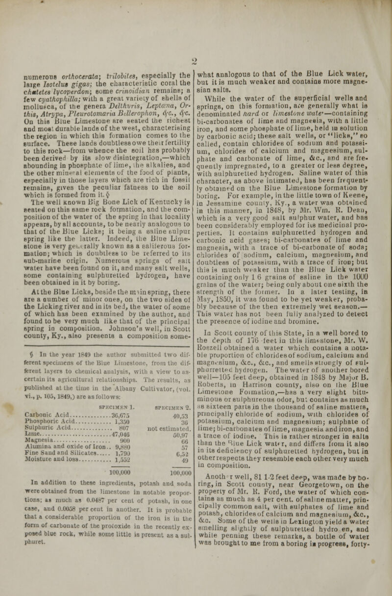 numerous orthocerata; trilobiles, especially the large IsotduB gigas; the characteristic coral the chmtete8 lycoperdon; some crinoidian remains; a few cyathophitta; with a great variety of ehells of mollusca, of the genera Dilthvris, Lepiana, Or- this, Atrypa, Pleurotomaria Bdleropkon, i\C, fyc On this Blue Limestone are seated the richest and most durable lands of the west, characterising the region in which this formation comes to the surface. These lands doubtless owe their fertility to this rock—from whence the soil has probably been derived by its flow disintegration,—which abounding in phosphate of lime, ,he alkalies, and the other mineral elements of the food of plants, especially in those layers which are rich in fossil remains, gives the peculiar fatness to the soil which is formed from U.$ The well Known Big Bone Lick of Kentucky is seated on this same rock formation, and the com- position of the water of the spring in that locality appears, by all accounts, to be nearly analogous to that of the Blue Licks; it being a saline eulpur spring like the latter. Indeed, the Blue Lime- stone is very geui rally known as a saliieroua for- mation; which is doubilresio be referred to its sub-marine origin. Numerous springs of salt ■water have been found on it, and many salt wells, some containing sulphuretted hydrogen, have been obtained in it by boring. Atthe Blue Licks, besidethe mainspring, there are a number of minor ones, on the two sides ot the Licking river and in its be J, the water of some of which has been examined by the author, and found to be very much like that of the principal spring in composition. Johnson's well, in Scott county, Ky., also presents a composition some- $ In the year 1849 the author submitted two dif- ferent specimens of the Blue Limestone, from the dif- ferent layers to chemical analysis, with a view to as- certain its agricultural relationships. The results, as published at the time in the Albany Cultivator, (vol. vi., p. 105,1849,) are as follows: SPECIMEN]. SPECIMEN 2. Carbonic Acid 30,675 40,5:! Phosphoric Acid 1,350 36 Sulphuric Acid 807 not estimated. Lime 47,040 50,97 Magnesia BOO 66 Alumina and oxide of Iron.. 9,880 :>? Fine Sand and Silicates I .,; Moisture and loss i ,552 '49 100,000 100,000 In addition to these ingredients, potash and soda were obtained from the limestone in notable propor- tions; as much as 0.0487 per cent of potash, in one case, and 0.0058 percent in another. It is probable that a considerable proportion of the iron is in the form of carbonate of the proioxide in the recently ex- posed blue rock, while some little is present as a sul- phuret. what analogous to that of the Blue Lick water, but it is much weaker and contains more msgne- sian salts. While the water of the superficial wells and springs, on this formation, a»e generally what is denominated nard or limestone wate'—containing bi-carbonates of lime and magnesia, with a little iron, and some phosphate of lime, held in solution by carbouic acid; these salt wells, or licks, so called, contain chlorides of sodium and potassi- um, chlorides of calcium and magnesium, sul- phate and carbonate of lime, flic, and are fre- quently impregnated, lo a greater or lees degree, with sulphuretted hydrogen. Saline water of this character, as above intimated, hae been frr quent- ly obtained on the Blue Limestone formation by boring. For example, inthe little town of Keene, in Jessamine county, Ky., a water was obtained in this manner, in 1848, by Mr. Wrn. K. Dean, which is a very good salt sulphur water, and has been considerably employed for its medicinal pro- perties. It contains sulphuretted hydrogen and carbonic acid gases; bi-carbonates of lime and magnesia, with a trace of bi-carbonate of soda; chlorides of sodium, calcium, magnesium, and doubtless of potassium, with a trace of iron; but this is much weaker than the Blue Lick waler containing only 1 6 grains of saline in the KJU0 grains of the water; being only about one sixth the strength of the former. In a later testing, in May, 1850, it was found to be yet weaker, proba- bly because of the then extremely wet season.— This water has not been fully analyzed to delect the presence of iodine and bromine. la Scolt county of this State, in a well bored to the depth of 176 leet in this limt.slone, Mr. W. Koszell obtained a water which contains a nota- ble proportion of chloridesof sodium, calcium and magnesium, &c, 6tc, and smells strongly of eul- phurreitec hydrogen. The water of another bored well—103 feet deep, obtained in 1848 by Majut B. Koberls, in Harrison county, also on Ihe Blue Limestone Foimation,—has a very slight bitu- minous or sulphureous odor, bu'. contains as much 'iB sixteen parts in the thousand of saline matters, principally chloride of sodium, with chlorides of potassium, calcium and magnesium; sulphate of lime; bi-carbonates of lime, magnesia and iron, and a trace of iodine. This is rather stronger in salts than the Hlue Lick wat*r, and differs from it also in its deficiency of sulphuretted hydrogen, but in otherrespects they resemble each other veiy much in composition. Anoth r well, 81 1-2 feet deep, was made by Bo- ring, in Scott counly, near Georgetown, on the property of Mr. K. Ford, the water of which con- tains as much as 4 per cent, of saline matter, prin- cipally common salt, with sulphates of lime and potash, chloridesof calcium and magnesium, &c, &c. Some of the wells in Lexington yield a w.tter smelling slightly of sulphuretted hydro en, and while penning these remarks, a bottle of water was brought to me from a boring ia progress, forty-