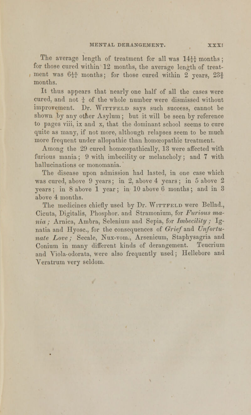 The average length of treatment for all was 14^i months ; for those cured within 12 months, the average length 0f treat- mcnt was 6££ months; for those cured within 2 years, 23f months. It thus appears that nearly one half of all the cases were cured, and not i of the whole number were dismissed without improvement. Dr. Wittfeld says such success, cannot be shown by any other Asylum ; but it will be seen by reference to pages viii, ix and x, that the dominant school seems to cure quite as many, if not more, although relapses seem to be much more frequent under allopathic than homoeopathic treatment. Among the 29 cured homceopathically, 13 were aifected with furious mania; 9 with imbecility or melancholy; and 7 with hallucinations or monomania. The disease upon admission had lasted, in one case which was cured, above 9 years; in 2, above 4 years ; in 5 above 2 years; in 8 above 1 year; in 10 above 6 months; and in 3 above 4 months. The medicines chiefly used by Dr. Wittfeld were Bellad., Cicuta, Digitalis, Phosphor, and Stramonium, for Furious ma- nia ; Arnica, Ambra, Selenium and Sepia, for Imbecility ; Ig- natia and Hyosc, for the consequences of Grief and Unfortu- nate Love; Secale, Nux-vom., Arsenicum, Staphysagria and Conium in many different kinds of derangement. Teucrium and Viola-odorata, were also frequently used; Hellebore and Veratrum very seldom.