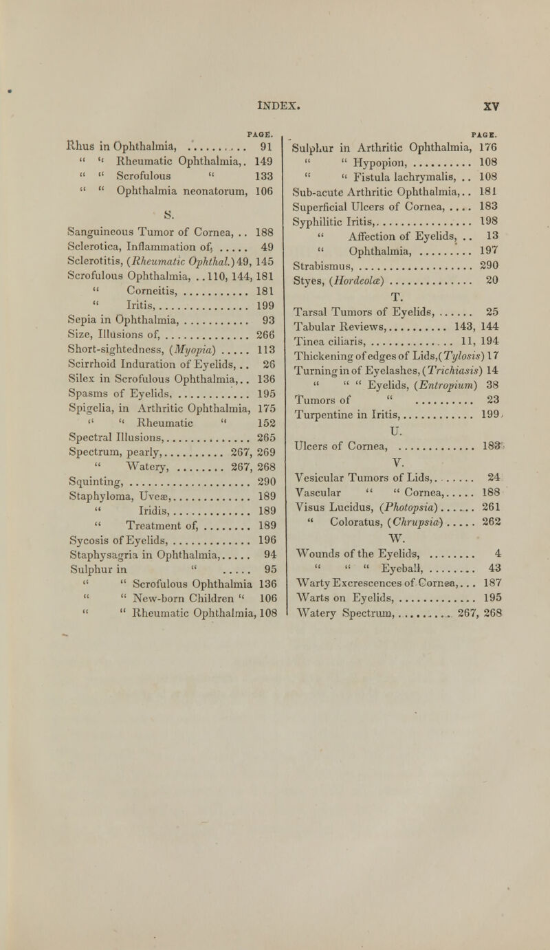 PAGE. Rhus in Ophthalmia, 91  '« Rheumatic Ophthalmia,. 149 «  Scrofulous  133   Ophthalmia neonatorum, 106 S. Sanguineous Tumor of Cornea, .. 188 Sclerotica, Inflammation of, 49 Sclerotitis, {Rheumatic Ophthal.)&9, 145 Scrofulous Ophthalmia, . .110, 144, 181  Corneitis, 181  Iritis, 199 Sepia in Ophthalmia, 93 Size, Illusions of, 266 Short-sightedness, (Myopia) 113 Scirrhoid Induration of Eyelids,.. 26 Silex in Scrofulous Ophthalmia,.. 136 Spasms of Eyelids 195 Spigelia, in Arthritic Ophthalmia, 175   Rheumatic  152 Spectral Illusions, 265 Spectrum, pearly, 267, 269 Watery, 267, 268 Squinting, 290 Staphyloma, Uvea, 189  Iridis, 189  Treatment of, 189 Sycosis of Eyelids, 196 Staphysagria in Ophthalmia, 94 Sulphur in  95  Scrofulous Ophthalmia 136   New-born Children  106   Rheumatic Ophthalmia, 108 PAGE. Sulphur in Arthritic Ophthalmia, 176   Hypopion, 108   Fistula lachrymalis, .. 108 Sub-acute Arthritic Ophthalmia,.. 181 Superficial Ulcers of Cornea, .... 183 Syphilitic Iritis, 198  Affection of Eyelids, .. 13 Ophthalmia, '... 197 Strabismus, 290 Styes, (Hordeola) 20 T. Tarsal Tumors of Eyelids, 25 Tabular Reviews 143, 144 Tinea ciliaris, 11, 194 Thickening of edges of Lids,( Tylosis) 17 Turning in of Eyelashes, (Trichiasis) 14    Eyelids, (Entropium) 38 Tumors of  23 Turpentine in Iritis 199> U. Ulcers of Cornea, 183 V. Vesicular Tumors of Lids, 24 Vascular  Cornea, 188 Visus Lucidus, (Photopsia)...... 261  Coloratus, (Chrupsia) 262 W. Wounds of the Eyelids, 4   Eyeball, 43 Warty Excrescences of Cornea,... 187 Warts on Eyelids, 195 Watery Spectrum, 267, 268