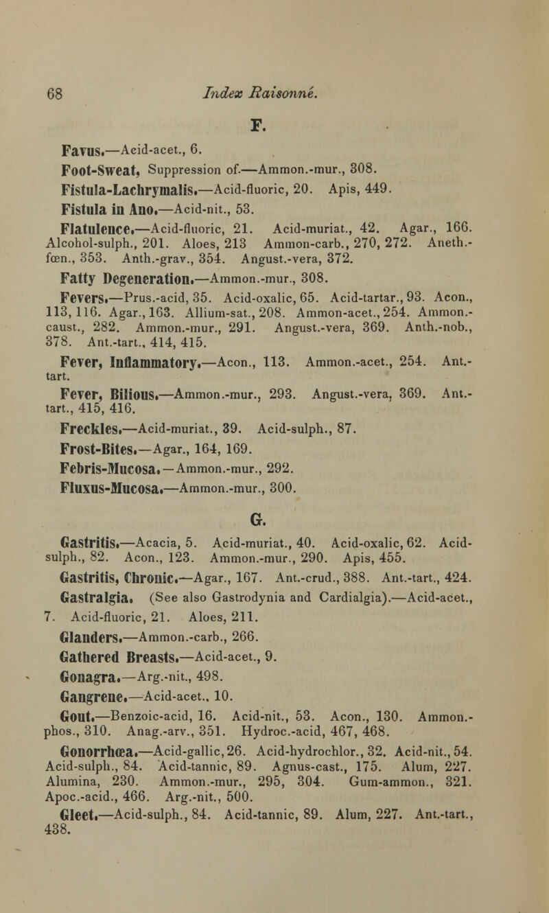 F. Favus.—Acid-acet., 6. Foot-Sweat, Suppression of.—Ammon.-mur., 308. Fistula-Lachrymalis.—Acid-fluoric, 20. Apis, 449. Fistula in Ano.—Acid-nit., 53. Flatulencei—Acid-fluoric, 21. Acid-muriat., 42. Agar., 166. Alcohol-sulph., 201. Aloes, 213 Ammon-carb., 270, 272. Aneth.- foen., 353. Anth.-grav., 354. Angust.-vera, 372. Fatty Degeneration.—Ammon.-mur., 308. Fevers.—Prus.-acid, 35. Acid-oxalic, 65. Acid-tartar., 93. Aeon., 113,116. Agar., 163. Allium-sat., 208. Ammon-acet.,254. Ammon.- caust., 282. Ammon.-mur., 291. Angust.-vera, 369. Anth.-nob., 378. Ant.-tart.. 414, 415. Fever, Inflammatory.—Aeon., 113. Ammon.-acet., 254. Ant.- tart. Fever, Bilious.—Ammon.-mur., 293. Angust.-vera, 369. Ant.- tart., 415, 416. Freckles.—Acid-muriat., 39. Acid-sulph., 87. Frost-Bites.—Agar., 164, 169. FebriS-MuCOSa. —Ammon.-mur., 292. FlUXUS-MucOSa.—Ammon.-mur., 300. G. Gastritis.—Acacia, 5. Acid-muriat., 40. Acid-oxalic, 62. Acid- sulph., 82. Aeon., 123. Ammon.-mur., 290. Apis, 455. Gastritis, Chronic—Agar., 167. Ant.-crud., 388. Ant.-tart., 424. Gastralgia. (See also Gastrodynia and Cardialgia).—Acid-acet., 7. Acid-fluoric, 21. Aloes, 211. Glanders.—Ammon.-carb., 266. Gathered Breasts.—Acid-acet., 9. Gonagra.—Arg.-nit., 498. Gangrene.—Acid-acet.. 10. Gout.—Benzoic-acid, 16. Acid-nit., 53. Aeon., 130. Amnion.- phos., 310. Anag.-arv., 351. Hydroc.-acid, 467, 468. Gonorrhoea.—Acid-gallic, 26. Acid-hydrochlor.,32. Acid-nit., 54. Acid-sulph., 84. Acid-tannic, 89. Agnus-cast., 175. Alum, 227. Alumina, 230. Ammon.-mur., 295, 304. Gum-ammon., 321. Apoc.-acid., 466. Arg.-nit., 500. Gleet.—Acid-sulph., 84. Acid-tannic, 89. Alum, 227. Ant.-tart., 438.