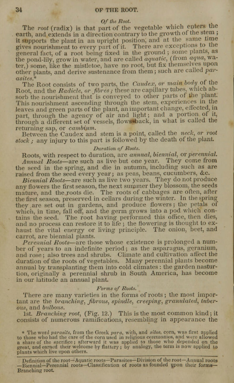 Of the Hoot. The roof (radix) is that part of the vegetable which enters the earth, and extends in a direction contrary to the growth of the stem ; it supports the plant in an upright position; and at the same time gives nourishment to every part of it. There are exceptions to tlie general fact, of a root being iixed in the ground ; sonic plants, as the pond-lily, grow in water, and are called aquatic, (from aqua, wa- ter,) some, like the mistletoe, have no root, but fix themselves upon other plants, and derive sustenance from them; such are called par- CIS 11 P*S ^ The Root consists of two parts, the Caudex, or main body of the Root, and the Radicle, or fibres; these are capillary tubes, which ab- sorb the nourishment that is conveyed to other parts 01 the plant. This nourishment ascending through the stem, experiences in the leaves and green parts of the plant, an important change, eflected, in part, through the agency of air and light; and a portion of it, through a different set of vessels, flo\vs*back, in what is called the returning sap, or cambium.. Between the Caudex and stem is a point, called the neck, or root stock ; any injury to this part is followed by the death of the plant. Duration of Hoots. Roots, with respect to duration, are animal, biennial, or perennial. Annual Boots—are such as live but one year. They come from the seed in the spring, and die in autumn, including such as are raised from the seed every year; as peas, beans, cucumbers, &.c. Biennial Boots—are such as live two years. They do not produce any flowers the first season, the next summer they blossom, the seeds mature, and the roots die. The roots of cabbages are often, after the first season, preserved in cellars during the winter. In the spring they are set out in gardens, and produce flowers; the petals of which, in time, fall off, and the germ grows into a pod which con- tains the seed. The root having performed this office, then dies, and no process can restore it to life ; the flowering is thought to ex- haust the vital energy or living principle. The onion, beet, and carrot, are biennial plants. Perennial Boots—are those whose existence is prolonged a num- ber of years to an indefinite period; as the asparagus, geranium, and rose; also trees and shrubs. Climate and cultivation affect the duration of the roots of vegetables. Many perennial plants become annual by transplanting them into cold climates : the garden nastur- tion, originally a perennial shrub in South America, has become in our latitude an annual plant. Forms of Roots. There are many varieties in the forms of roots; the most impor- tant are the branching, fibrous, spindle, creeping, granulated, tuber- ous, and bulbous. 1st. Branching root, (Fig. 12.) This is the most common kind; it consists of numerous ramifications, resembling in appearance the * The word parasite, from the Greek para, with, and sitos, corn, was first applied to those who had the care of the corn ustd in religious ceremonies, and were allowed a share of the sacrifice; afterward it was applied to those who depended on the great, and earned their welcome by flattery ; by analogy, the term is now applied to plants which live upon others. Definition of the root—Aquatic roots—Parasites—Division of the root—Annual root3 —Biennial—Perennial roots—Classification of roots as founded ypon their forms— Branching root.