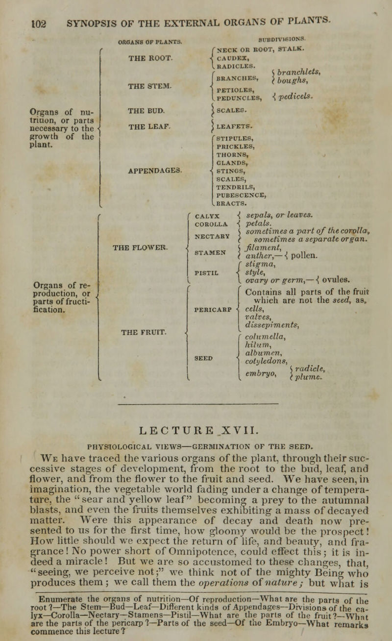 SYNOPSIS OF THE EXTERNAL ORGANS OF PLANTS. Organs of nu- trition, or parts necessary to the < growth of the ' plant. Organs of re- production, or parts of fructi- fication. ORGANS OF PLANTS. THE ROOT. THE STEiM. THE LEAF. APPENDAGES. <, branchlets, ( boughs, ■{ pedicels. THE FLOWER. THE FRUIT. SUBDIVISIONS ( NECK OR BOOT, STALK. < CAUDEX, I RADICLES. {BRANCHES, PETIOLES, PEDUNCLES, \ SCALES. \LEAFETS. STIPULES, PRICKLES, THORNS, GLANDS, STINGS, SCALES, TENDRILS, PUBESCENCE, BRACTS. ( calyx ■{ sepals, or leaves. corolla i petals. <t sometimes a part of the corolla, nectary ^ sometimes a separate organ. S filament, stamen yanther-^ p0nen. f stigma, pistil < style, I ovary or germ,— ^ ovules. (Contains all parts of the fruit which are not the seed, as, cells, valves, i dissepiments, columella, hilum, albumen, cotyledons, , S radicle, embryo, \ lume. LECTURE XVII. PHYSIOLOGICAL VIEWS—GERMINATION OF THE SEED. We have traced the various organs of the plant, through their suc- cessive stages of development, from the root to the bud, leaf, and flower, and from the flower to the fruit and seed. We have seen, in imagination, the vegetable world fading under a change of tempera- ture, the  sear and yellow leaf becoming a prey to the autumnal blasts, and even the fruits themselves exhibiting a mass of decayed matter. Were this appearance of decay and death now pre- sented to us for the first time, how gloomy would be the prospect! How little should we expect the return of life, and beauty, and fra- grance ! No power short of Omnipotence, could effect this; it is in- deed a miracle! But we are so accustomed to these changes, that,  seeing, we perceive not; we think not of the mighty Being who produces them ; we call them the operations of nature; but what is Enumerate the organs of nutrition—Of reproduction—What are the parts of the root?—The Stem—Bud—Leaf—Different kinds of Appendages—Divisions of the ca- lyx—Corolla—Nectary—Stamens—Pistil—What are the parts of the fruit?—What are the parts of the pericarp ?—Parts of the seed—Of the Embryo—What remarks commence this lecture?