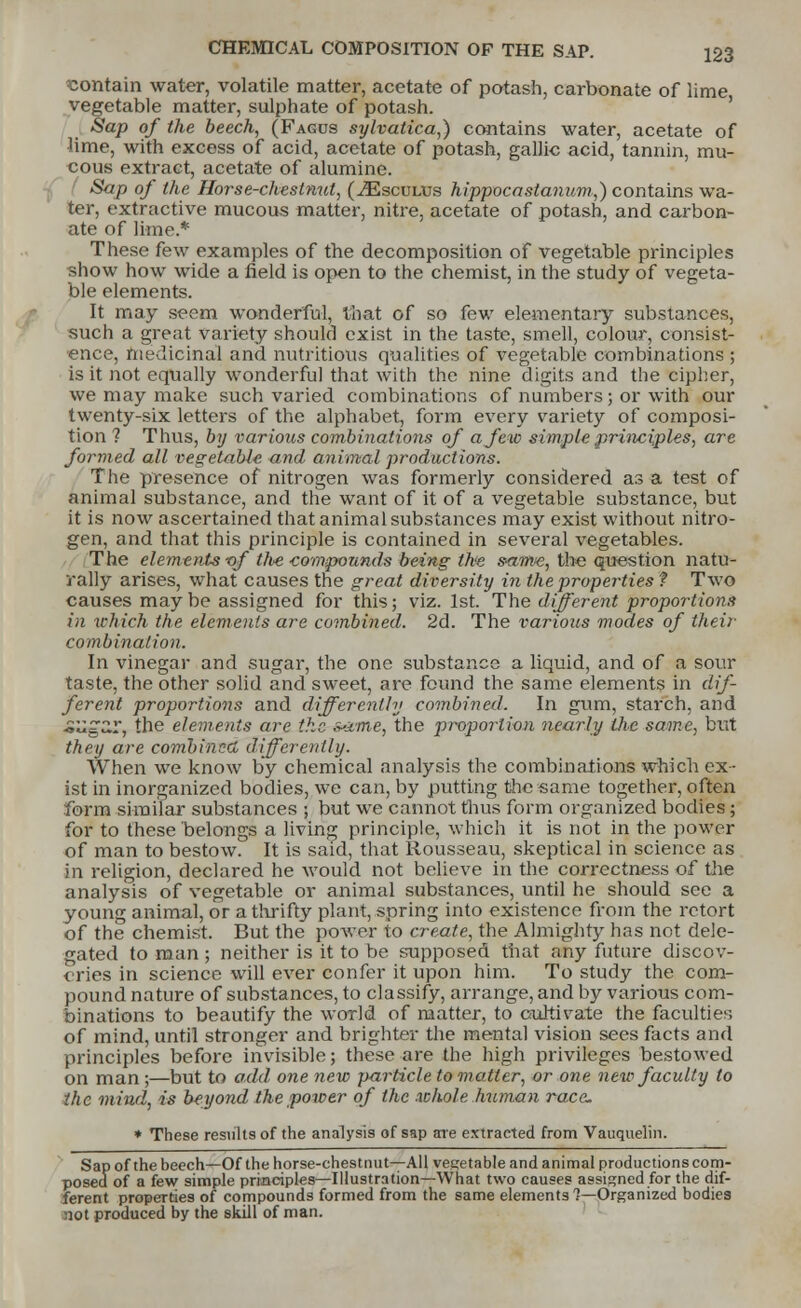 contain water, volatile matter, acetate of potash, carbonate of lime vegetable matter, sulphate of potash. Sap of the beech, (Fagos sylvatica,) contains water, acetate of lime, with excess of acid, acetate of potash, gallic acid, tannin, mu- cous extract, acetate of alumine. &aP °f Mie Horse-chestnut, (^Esculus hippocastanum,) contains wa- ter, extractive mucous matter, nitre, acetate of potash, and carbon- ate of lime.* These few examples of the decomposition of vegetable principles show how wide a field is open to the chemist, in the study of vegeta- ble elements. It may seem wonderful, that of so few elementary substances, such a great variety should exist in the taste, smell, colour, consist- ence, medicinal and nutritious qualities of vegetable combinations ; is it not equally wonderful that with the nine digits and the cipher, we may make such varied combinations of numbers; or with our twenty-six letters of the alphabet, form every variety of composi- tion ? Thus, by various combinations of a few simple principles, are formed all vegetable and animal productions. The presence of nitrogen was formerly considered as a test of animal substance, and the want of it of a vegetable substance, but it is now ascertained that animal substances may exist without nitro- gen, and that this principle is contained in several vegetables. The elements of the compounds being the same, the question natu- rally arises, what causes the great diversity in the properties ? Two causes maybe assigned for this; viz. 1st. The different proportions in which the elements are combined. 2d. The various modes of their combination. In vinegar and sugar, the one substance a liquid, and of a sour taste, the other solid and sweet, are found the same elements in dif- ferent proportions and differently combined. In gum, starch, and «Uga.r, the elements are the s^stme, the proportion nearly the same, but they are combined differently. When we know by chemical analysis the combinations which ex- ist in inorganized bodies, we can, by putting the same together, often form similar substances ; but we cannot thus form organized bodies; for to these belongs a living principle, which it is not in the power of man to bestow. It is said, that Rousseau, skeptical in science as in religion, declared he would not believe in the correctness of the analysis of vegetable or animal substances, until he should see a young animal, or a thrifty plant, spring into existence from the retort of the chemist. But the poAver to create, the Almighty has not dele- gated to man ; neither is it to be supposed that any future discov- eries in science will ever confer it upon him. To study the com- pound nature of substances, to classify, arrange, and by various com- binations to beautify the world of matter, to cultivate the faculties of mind, until stronger and brighter the mental vision sees facts and principles before invisible; these are the high privileges bestowed on man ;—but to add one new particle to matter, or one new faculty to the mind, is beyond the power of the -whole human race. * These results of the analysis of sap are extracted from Vauquelin. Sap of the beech—Of the horse-chestnut—All vegetable and animal productions com- posed of a few simple principles—Illustration—What two causes assigned for the dif- ferent properties of compounds formed from the same elements?—Organized bodies not produced by the skill of man.