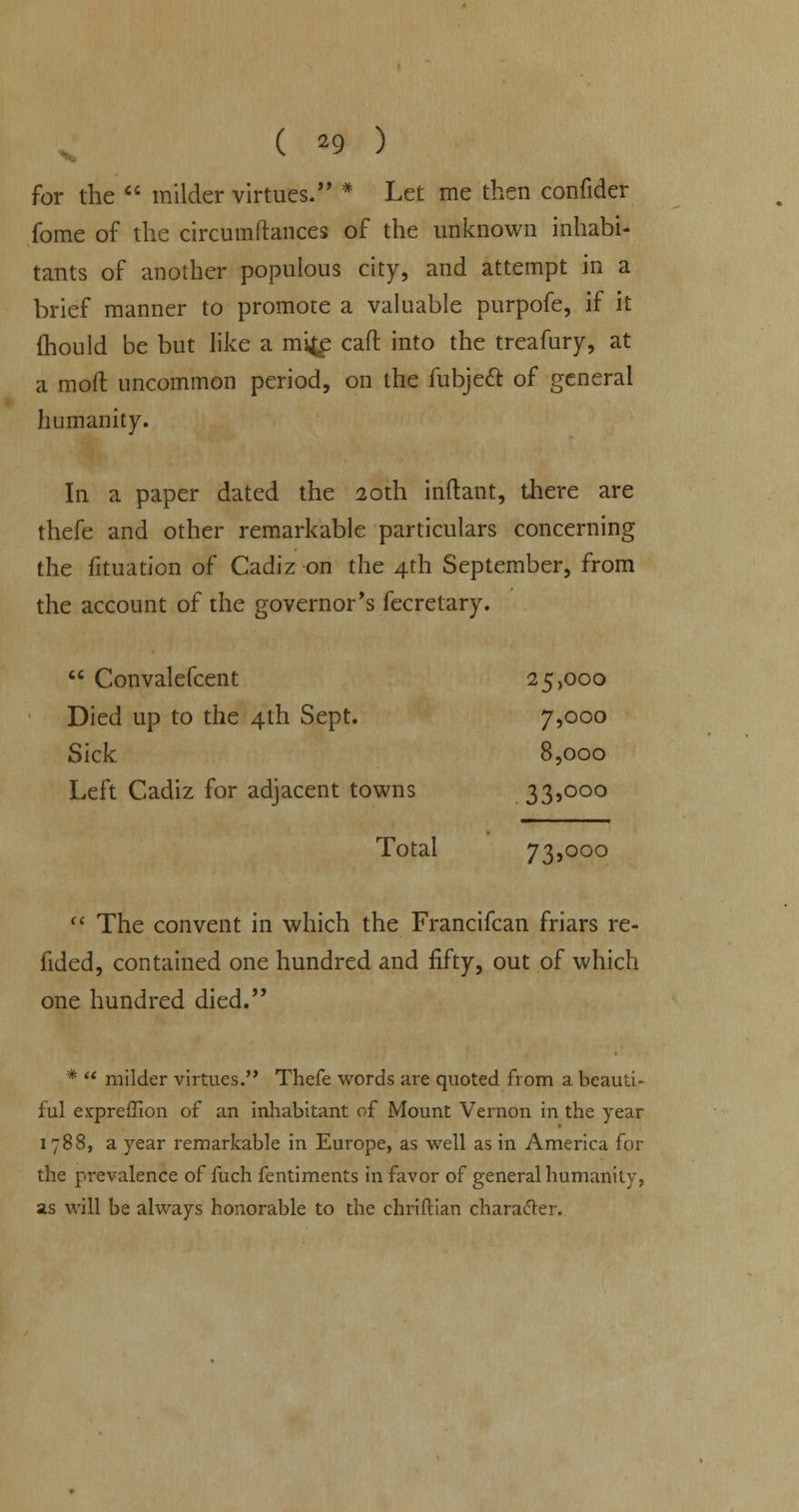 V for the  milder virtues. * Let me then confider fome of the circumftances of the unknown inhabi- tants of another populous city, and attempt in a brief manner to promote a valuable purpofe, if it mould be but like a mi^p caft into the treafury, at a moft uncommon period, on the fubjeft of general humanity. In a paper dated the 20th inftant, there are thefe and other remarkable particulars concerning the fituation of Cadiz on the 4th September, from the account of the governor's fecretary.  Convalefcent 25,000 Died up to the 4th Sept. 7,000 Sick 8,000 Left Cadiz for adjacent towns 335°°° Total 73,000  The convent in which the Francifcan friars re- iided, contained one hundred and fifty, out of which one hundred died. *  milder virtues. Thefe words are quoted from a beauti- ful expreffion of an inhabitant of Mount Vernon in the year 1788, a year remarkable in Europe, as well as in America for the prevalence of fuch fentiments in favor of general humanity, as will be always honorable to the chriftian character.