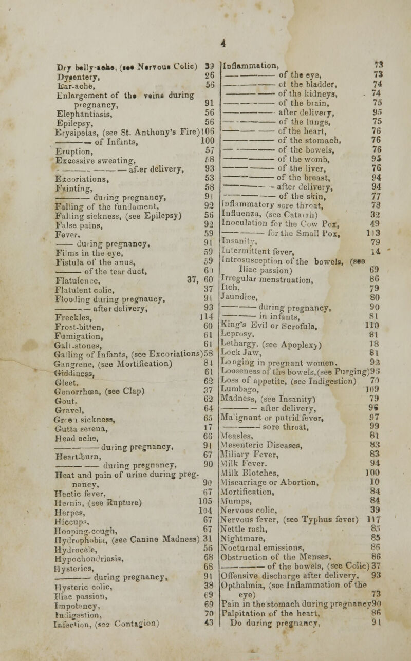 Dry belly-aeke. (••• Nervous Colic) Dysentery, tar-ache, Enlargement of the veins during pregnancy, Elephantiasis, Epilepsy, Erysipelas, (see St. Anthony's Fire)!06 — of Infants, Eruption, Excessive sweating, af-er delivery, Excoriations, Fainting, during pregnancy, Falling of the fundament, Falling sickness, (see Epilepsy) False pains, Fever. during pregnancy, Fi'ms in the eye, Fistula of the anus, of the tear duct. Flatulence, 37, Flatulent colic, Flooding during pregnaucy, • — after delivery, Freckles, Frost-bitten, Fumigation, Gall -stones, Ga ling of Infants, (see Excoriations)58 100 57 £8 93 53 58 91 92 56 9:2 59 91 59 £9 6) 60 37 91 93 J14 60 61 61 G.T.grene, (see Mortification) Giddiness, Gleet, Gonorrhoea, (see Clap) Gout. Gravel, Grei sickness, Gutta serena, Head ache, during pregnancy, Heart-burn, during pregnancy, Heat and pain of urine during preg- nancy, Hectic fever, II;inil, (gee Rupture) Herpes, Hiccup?, Hooping-cough, 14 61 62 37 62 64 6.r» 17 66 91 67 90 90 67 105 104 67 67 Hydrophobia, (see Canine Madness) 31 Hydrocele, Hypochondriasis, Hysterics, . during pregnancy, Hysteric colic, Iliac passion, Impotoncy, Indigestion, Infection, (sas Contagion) Inflammation, 73 of the ays, 7J 0t the bladder, 74 of the kidneys, • 74 of the brain, 75 after delivery, 9/> of the lungs, 75 of the heart, 76 of the stomach, 76 ■ of the bowels, 76 of the womb, 95 of the liver, 76 of tho breast, 94 ~ after delivery, 94 of the skin, 77 Inflammatory sore throat, 78 Influenza, (see Catarrh) 3-Z Inoculation for the Cow Pox, 49 lor the Small Pox, 113 Insan 79 Intermittent fever, 14 Introsusception of the bowels, (see Iliac passion) 69 Irregular menstruation, 86 Itch, 79 Jaundice, 80 during pregnancy, 90 in infants, SI King's Evil or Scrofula, HO Leprosy. 81 Lethargy, (see Apoplexy) 18 Lock Jaw, 8l Longing in pregnant women. 92 Looseness of the bowels, (see Purging)9J Loss of appetite, (see Indigestion) 70 Lumbago, Madness, (see Insanity) — after delivery, Maignant or putrid fever, sore throat, Measles, Mesenteric Diseases, Miliary Fever, VI ilk Fever. Milk Blotches, Miscarriage or Abortion, Mortification, Mumps, Nervous colic, Nervous fever, (see Typhus fever) Nettle rash, Mightmare, Nocturnal emission?:, Obstruction of the Menses, of the bowels, (see Colic) 37 Offensive discharge after delivery, 93 Opthalmia, (see Inflammation of the eye) 73 Pain in the stomach during pregnancy90 Palpitation of the heart, 86 Do durinjj pregnancy, 91 109 79 9S .07 99 8t «.'{ 83 94 100 10 84 84 39 117 8.T 85 86 86