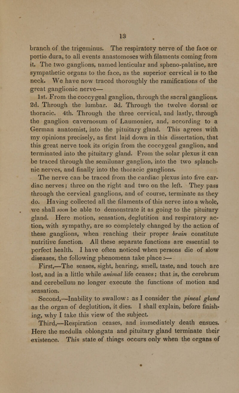 branch of the trigeminus. The respiratory nerve of the face or portio dura, to all events anastomoses with filaments coming from it. The two ganglions, named lenticular and spheno-palaline. are sympathetic organs to the face, as the superior cervical is to the neck. We have now traced thoroughly the ramifications of the great ganglionic nerve— 1st. From the coccygeal ganglion, through the sacral ganglions. 2d. Through the lumbar. 3d. Through the twelve dorsal or thoracic. 4th. Through the three cervical, and lastly, through the ganglion cavernosum of Laumonier, and, according to a German anatomist, into the pituitary gland. This agrees with my opinions precisely, as first laid down in this dissertation, that this great nerve took its origin from the coccygeal ganglion, and terminated into the pituitary gland. From the solar plexus it can be traced through the semilunar ganglion, into the two splanch- nic nerves, and finally into the thoracic ganglions. The nerve can be traced from the cardiac plexus into five car- diac nerves; three on the right and two on the left. They pass through the cervical ganglions, and of course, terminate as they do. Having collected all the filaments of this nerve into a whole, we shall soon be able to demonstrate it as going to the pituitary gland. Here motion, sensation, deglutition and respiratory ac- tion, with sympathy, are so completely changed by the action of these ganglions, when reaching their proper brain constitute nutritive function. All these separate functions are essential to perfect health. I have often noticed when persons die of slow diseases, the following phenomena take place :— First,—The senses, sight, hearing, smell, taste, and touch are lost, and in a little while animal life ceases; that is, the cerebrum and cerebellum no longer execute the functions of motion and sensation. Second,—Inability to swallow: as I consider the pineal gland as the organ of deglutition, it dies. I shall explain, before finish- ing, why I take this view of the subject. Third,—Respiration ceases, and immediately death ensues. Here the medulla oblongata and pituitary gland terminate their existence. This state of things occurs only when the organs of