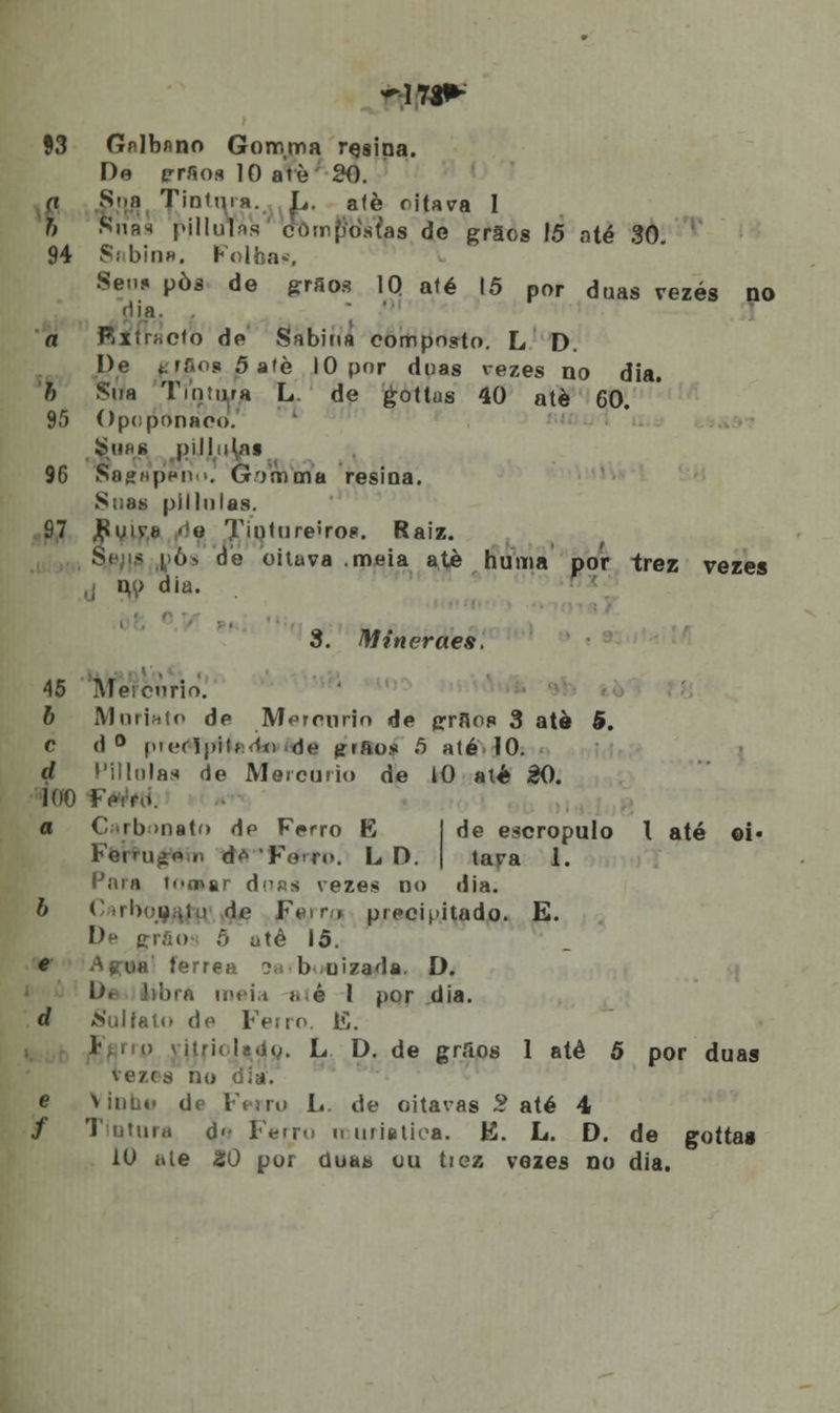 ^17i* §3 Gnlbano Gomma resina. De prlog 10 atè 20. a Soa Tintura. L. atè oitava I h Snas pilIuTas compostas de grãos 15 até 30. 94 Sabina. Folha*. Seus pòs de grãos 1Q até 15 por duas vezes no dia. a FiXtr;,cfo de Sabina composto. L D. l)e prflog 5 atè 10 por duas rezes no dia. 8 Sua Tintura L. de gottas 40 atè 60. 95 Opcponaco. Sa&J pilliitns 96 sagapenn. Gomma resina. Snas píllulas. 97 JRuiv.» >'<i Tintureiros. Raiz. ! ó> de oitava .meia atè huma por trez vezes d m> dia. 3. Mineraes. 45 Mercúrio. 6 Muriato de Merrurio de grfloí» 3 atè 5. c d° preéip?ía<i*>àrJti jrraos 5 até 10. d ''il lulas de Mercúrio de 10 atè 20. 100 Fé de escropulo 1 até oi- tava 1. a Carbonato de Ferro E Feiuii «. d<> Ferro. L D. Haia tomar doRs vezes no dia. 6 ( •!Í)''U;.ti) de F«jrrp precipitado. E. De grfio! 5 utè 15. € ^«ua férrea ?.j b uizada. D. D< libra meia j.é l por dia. d Â'ulfalo de Ferro. E. *  í 'i lí<;. L D. de grãos 1 atè 5 por duas vezes no dia. e Vinbu de Ferro L. de oitavas 2 até 4 / Tintura d Ferro n uriatica. E. L. D. de gottas 10 ale &0 por duas ou tiez vezes no dia.