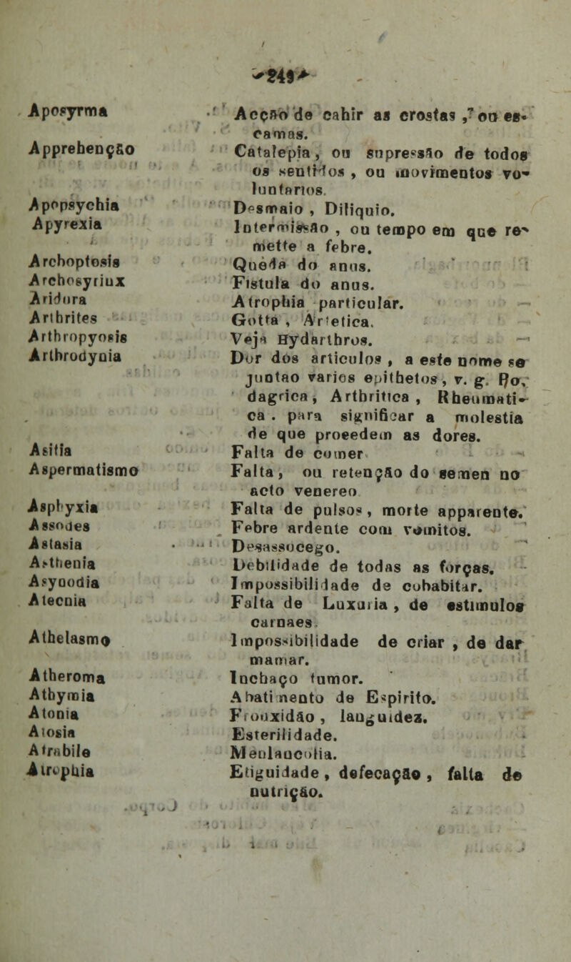 *n% > Apopyrmâ Apprebenç&o Apopsychia Apyrexia Arcboptosis ArchosyriuX An^nra Arthrites Arthropyoeis Artbrodyoia Asitfa Aspermatismo As|)l yxia Assooes Astasia A.^Uienia Asyoodia Atecuia Atbelasmo Atheroma Atbyroia A toma Aiosia AtMbile AinpUia Acç&ode cahir as crostas ,? oo es* camas. Catalepia , ou snprecs3o de todos os sentMos , ou movimentos vo- luntários. Desmaio , Diliquio. lotermis«sao , ou tempo em que re* mette a febre. Qnè^a do anos. Fistula do anus. Atropina particular. Gotta , Ar;etica. V*»j* Hydartbros. Dor dos artículos , a este nome te jiiotao vários epithetos, v. g. Pov dagrica, Artbrittca , Rheumati- ca . para sitfni6oar a moléstia de que proeedem as dores. Falta de comer Falta, ou retenjfto do sémen no acto venéreo Falta de pulso*, morte apparente. Febre ardente cooi vómitos. De*assdCego. l)«bitidade de todas as forças. Impossibilidade de cubabit*r. Falta de Luxuria, de estimulo» carnaes Impossibilidade de criar , de dar ma 01 ar. Incbaço tumor. Abatimento de Espirito. Fiouxidão , languidez. Esterilidade. MeulauoHa. Etiguidade , defecaçao , falta de nutrição.