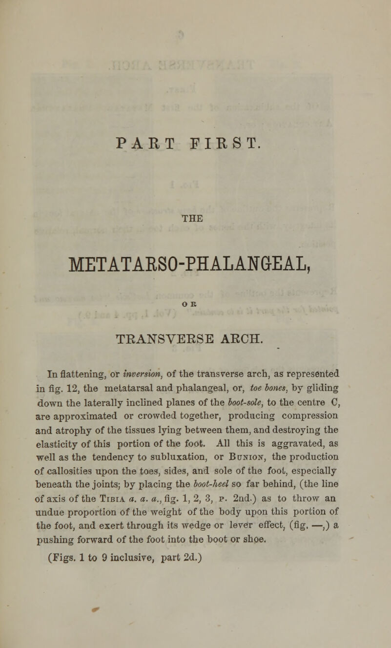 PART FIRST. THE METATARSO-PHALANSEAL, TRANSVERSE ARCH. In flattening, or inversion, of the transverse arch, as represented in fig. 12, the metatarsal and phalangeal, or, toe bones, by gliding down the laterally inclined planes of the boot-sole, to the centre C, are approximated or crowded together, producing compression and atrophy of the tissues lying between them, and destroying the elasticity of this portion of the foot. All this is aggravated, as well as the tendency to subluxation, or Bunion, the production of callosities upon the toes, sides, and sole of the foot, especially beneath the joints; by placing the boot-heel so far behind, (the line of axis of the Tibia a. a. a., fig. 1, 2, 3, p. 2nd.) as to throw an undue proportion of the weight of the body upon this portion of the foot, and exert through its wedge or lever effect, (fig. —,) a pushing forward of the foot into the boot or shoe.