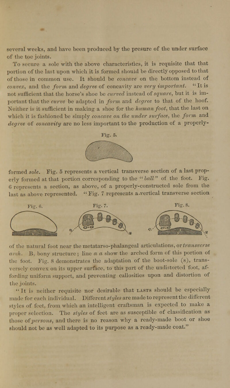 of the toe joints. To secure a sole with the above characteristics, it is requisite that that portion of the last upon which it is formed should be directly opposed to that of those in common use. It should be concave on the bottom instead of convex, and the form, and degree of concavity are very important. It is not sufficient that the horse's shoe be curved instead oi square, but it is im- portant that the curve be adapted in form and degree to that of the hoof. Neither is it sufficient in making a shoe for the human foot, that the last on Avhich it is fashioned be simply concave on the under surface, the form and degree of concavity are no less important to the production of a properly- Fiff. 5. formed sole. Fig. 5 represents a vertical transverse section of a last prop- erly formed at that portion corresponding to the  hall  of the foot. Fig. 6 represents a section, as above, of a properly-constructed sole from the last as above represented. Fig. 7 represents a-vertical transverse section m-f of tlie natural foot near the metatarso-phalangeal articulations, ovtransvcrse arch. B, bony structure; line a a show the arched form of this portion of the foot. Fig. 8 demonstrates the adaptation of the boot-sole (s), trans- versely convex on its upper surface, to this part of the undistortcd foot, af- fording uniform support, and preventing callosities upon and distortion of the.joints.  It is neither requisite nor desirable that lasts should be especially made for eacli individual. DillerentsiSi/Zes are made to represent the different styles of feet, from which an intelligent craftsman is expected to make a proper selection. The styles of feet are as susceptible of classification as tliose oipersons, and there is no reason why a ready-made boot or shoe should not be as well adapted to its purpose as a ready-made coat.