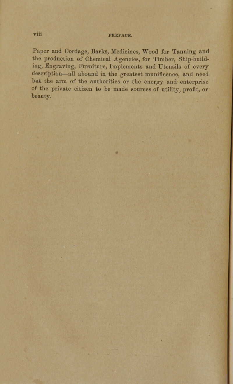 Vlll PREFACE. Paper and Cordage, Barks, Medicines, Wood for Tanning and the production of Chemical Agencies, for Timber, Ship-build- ing, Engraving, Furniture, Implements and Utensils of every description—all abound in the greatest munificence, and need but the arm of the authorities or the energy and enterprise of the private citizen to be made sources of utility, profit, or beauty.