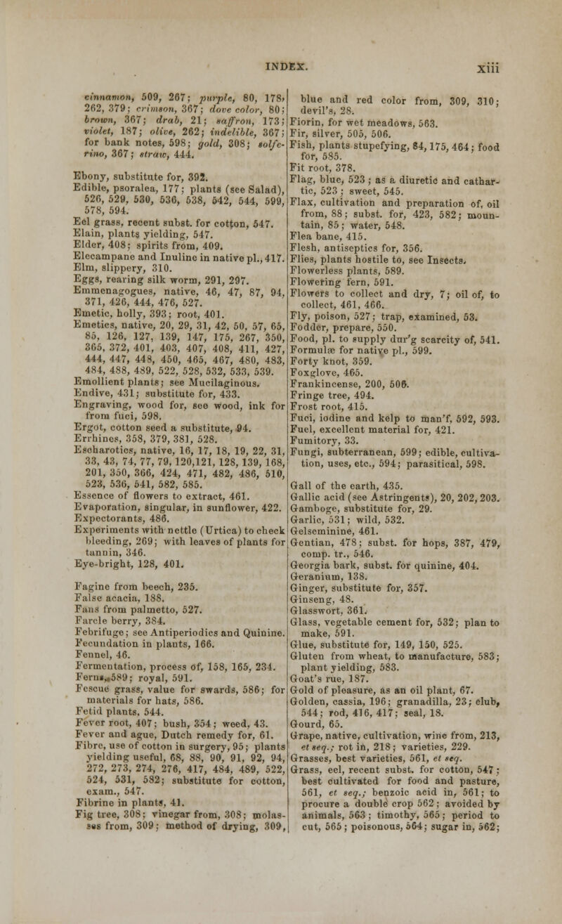 XU1 cinnamon, 509, 267; purple, 80, 178> 262, 379; crimson, 367; dove color, 80; brown, 367; drab, 21; saffron, 173; violet, 187; oWt>«, 262; indelible, 367; for bank notes, 598; gold, 308; «oZ/c- n»o, 367; straw, 444. Ebony, substitute for, 392. Edible, psoralea, 177; plants (see Salad), 526, 529, 530, 536, 538, 542, 544, 599, 578, 594. Eel grass, recent subst. for cotton, 547. Elain, plants yielding, 547. Elder, 408; spirits from, 409. Elecampane and Inuline in native pi., 417. Elm, slippery, 310. Eggs, rearing silk worm, 291, 297. Emmenagogues, native, 46, 47, 87, 94, 371, 426, 444, 476, 527. Emetic, holly, 393; root, 401. Emetics, native, 20, 29, 31, 42, 50, 57, 65, 86, 126, 127, 139, 147, 175, 267, 350, 365, 372, 401, 403, 407, 408, 411, 427, 444, 447, 448, 450, 465, 467, 480, 483, 484, 488, 489, 522, 528, 532, 533, 539. Emollient plants; see Mucilaginous. Endive, 431; substitute for, 433. Engraving, wood for, soe wood, ink for from fuci, 598. Ergot, cotton seed a substitute, 94. Errhines, 358, 379, 381, 528. Escharotics, native, 16, 17, 18, 19, 22, 31, 33, 43, 74, 77, 79, 120,121, 128, 139, 168, 201, 350, 366, 424, 471, 482, 486, 510, 523, 536, 641, 582, 585. Essence of flowers to extract, 461. Evaporation, singular, in sunflower, 422. Expectorants, 486. Experiments with nettle (Urtica) to check bleeding, 269 j with leaves of plants for tannin, 346. Eye-bright, 128, 401. Faginc from beech, 235. False acacia, 188. Fans from palmetto, 527. Farcle berry, 384. Febrifuge; see Antiperiodics and Quinine. Fecundation in plants, 166. Fennel, 46. Fermentation, process of, 158, 165, 234. Fenu.,589; royal, 591. Fescue grass, value for swards, 586; for materials for hats, 586. Fetid plants, 544. Fever root, 407; bush, 354; weed, 43. Fever and ague, Dutch remedy for, 61. Fibre, use of cotton in surgery, 95; plants yielding useful, 68, 88, 90, 91, 92, 94, 272, 273, 274, 276, 417, 484, 489, 522, 524, 531, 582; substitute for cotton, exam., 547. Fibrine in plants, 41. Fig tree, 308; vinegar from, 308; molas- ses from, 309; method of drying, 309, blue and red color from, 309, 310; devil's, 28. Fiorin, for wet meadows, 563. Fir, silver, 505, 506. Fish, plants stupefying, 84,175, 464; food for, 585. Fit root, 378. Flag, blue, 523 ; as a diuretic and cathar- tic, 523; sweet, 545. Flax, cultivation and preparation of, oil from, 88; subst. for, 423, 582; moun- tain, 85; water, 548. Flea bane, 415. Flesh, antiseptics for, 356. Flies, plants hostile to, see Insects. Flowerless plants, 589. Flowering fern, 591. Flowers to collect and dry, 7; oil of, to collect, 461, 466. Fly, poison, 527; trap, examined, 53. Fodder, prepare, 550. Food, pi. to supply dur'g scarcity of, 541. Formulrc for native pi., 599. Forty knot, 359. Foxglove, 465. Frankincense, 200, 506. Fringe tree, 494. Frost root, 415. Fuci, iodine and kelp to man'f, 592, 593. Fuel, excellent material for, 421. Fumitory, 33. Fungi, subterranean, 599; edible, cultiva- tion, uses, etc., 594; parasitical, 598. Gall of the earth, 435. Gallic acid (see Astringents), 20, 202,203. Gamboge, substitute for, 29. Garlic, 531; wild, 532. Gelseminine, 461. Gentian, 478; subst. for hops, 387, 479, comp. tr., 546. Georgia bark, subst. for quinine, 404. Geranium, 138. Ginger, substitute for, 357. Ginseng, 48. Glasswort, 361. Glass, vegetable cement for, 532; plan to make, 591. Glue, substitute for, 149, 150, 525. Gluten from wheat, to manufacture, 583; plant yielding, 583. Goat's rue, 187. Gold of pleasure, as an oil plant, 67. Golden, cassia, 196; granadilla, 23; club, 544; rod, 416, 417; seal, 18. Gourd, 65. Grape, native, cultivation, wine from, 213, ctseq.; rot in, 218; varieties, 229. Grasses, best varieties, 561, et seq. Grass, eel, recent subst. for cotton, 547 ; best cultivated for food and pasture, 561, et, seq.; benzoic acid in, 561; to procure a double crop 562; avoided by animals, 563 ; timothy, 565; period to cut, 565; poisonous, 664; sugar in, 562;