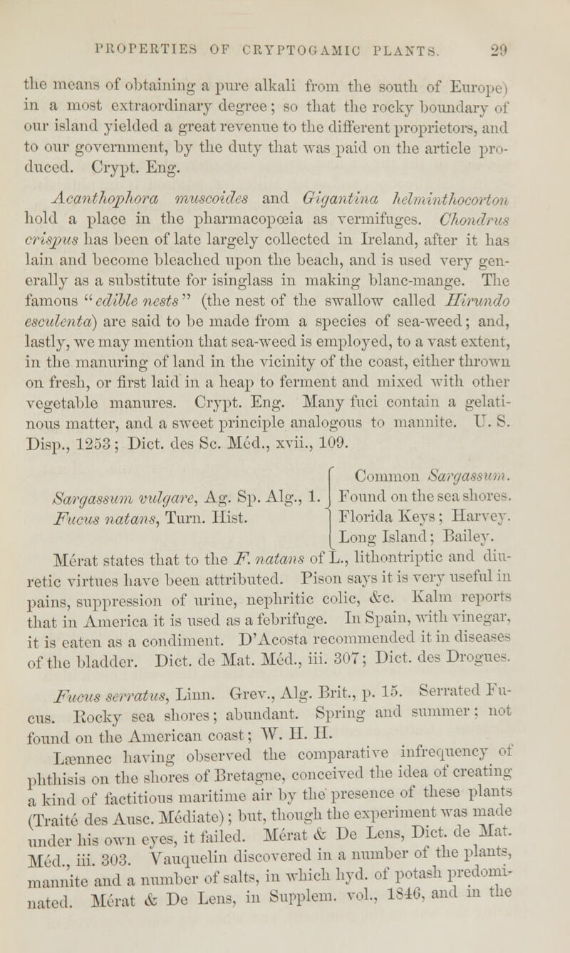 the means of obtaining a pure alkali from the south of Europe) in a most extraordinary degree; so that the rocky boundary of our island yielded a great revenue to the different proprietors, and to our government, by the duty that was paid on the article pr< >- duced. Crypt. Eng. Acanthojphora muscoides and Gigantlna helminthocwton hold a place in the pharmacopoeia as vermifuges. Choncbrus crispus has been of late largely collected in Ireland, after it has lain and become bleached upon the beach, and is used very gen- erally as a substitute for isinglass in making blanc-mange. The famous  edible nests  (the nest of the swallow called Hirundo esculenta) are said to be made from a species of sea-weed; and, lastly, we may mention that sea-weed is employed, to a vast extent, in the manuring of land in the vicinity of the coast, either thrown on fresh, or first laid in a heap to ferment and mixed with other vegetable manures. Crypt. Eng. Many fuci contain a gelati- nous matter, and a sweet principle analogous to mannite. TJ. S. Disp., 1253; Diet, des Sc. Med., xvii., 109. Common Sargas* urn. Found on the sea shore-. Florida Keys; Harvey. Long Island; Bailey. Merat states that to the F. nutans of L., lithontriptic and diu- retic virtues have been attributed. Pison says it is very useful in pains, suppression of urine, nephritic colic, &c. Kalm reports that in America it is used as a febrifuge. In Spain, with vinegar, it is eaten as a condiment. D'Acosta recommended it in diseases of the bladder. Diet, de Mat. Med., iii. 307; Diet, des Drogues. Fums *<rratus, Linn. Grev., Alg. Brit., p. 15. Serrated Fu- cus. Rocky sea shores; abundant. Spring and summer; not found on the American coast; W. II. II. Lamnec having observed the comparative infrequency of phthisis on the shores of Bretagne, conceived the idea of creating a kind of factitious maritime air by the presence of these plants (Traite des Ausc. Mediate); but, though the experiment was made under his own eves, it failed. Merat & De Lens, Diet de Mat. Med iii 303 Vauquelin discovered in a number oi the plants, mannite and a number of salts, in which hyd. of potash predomi- nated. Merat & De Lens, in Supplem. vol., 1846, and in the Sargassum vulgare, Ag. Sp. Alg., 1. Fucus nutans, Turn. Hist.