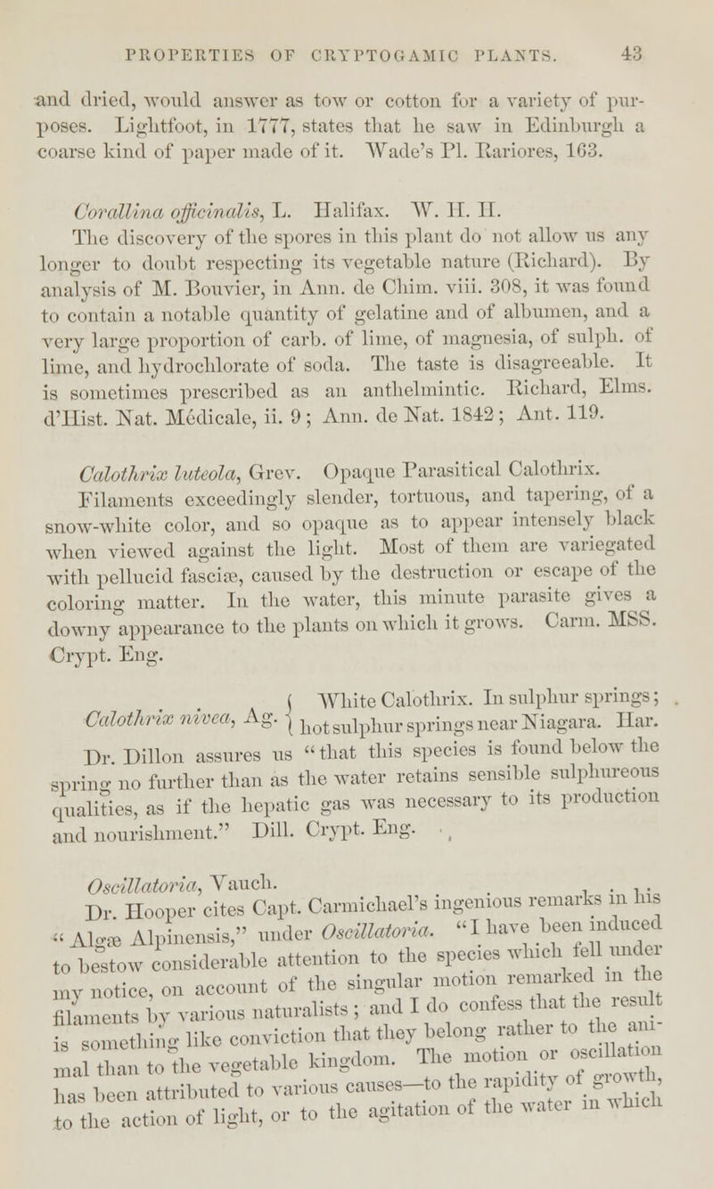 and dried, would answer as tow or cotton for a variety of pur- poses. Lightfoot, in 1777, states that he saw in Edinburgh a coarse kind of paper made of it. Wade's PL Itariores, 163. Corallina officinalis, L. Halifax. W. If. II. The discovery of the spores in this plant do not allow us any longer to doubt respecting its vegetable nature (Richard). By analysis of M. Bouvier, in Ann. de Chiin. viii. 308, it was found to contain a notable quantity of gelatine and of albumen, and a very large proportion of carb. of lime, of magnesia, of snlph. of lime, and hydrochlorate of soda. The taste is disagreeable. It is sometimes prescribed as an anthelmintic. Richard, Elms. d'H Lst. Nat. Medicare, ii. 9 ; Ann. de Nat. 1842 ; Ant. 119. Calothrix luteola, Grev. Opaque Parasitical Calothrix. Filaments exceedingly slender, tortuous, and tapering, of a snow-white color, and so opaque as to appear intensely black when viewed against the light, Most of them are variegated with pellucid fascia?, caused by the destruction or escape of the coloring matter. In the water, this minute parasite gives a downy appearance to the plants on which it grows. Carm. MSS. Crypt, Eng. j White Calothrix. In sulphur springs; Calothrix nivca, Ag. j hotsnlplujP springs near Niagara. Har. Dr Dillon assures us that this species is found below the spring no further than as the water retains sensible sulphureous qualities, as if the hepatic gas was necessary to its production and nourishment. Dill. Crypt. Eng. , § Oscillatoria, Vaueh. _ . Dr Hooper cites Capt. Carmichael's ingenious remarks in Ins « Alg* Alpinensis, under Oscillatoria. I have been induced to bestow considerable attention to the species winch lell under v notice, on account of the singular motion remarked m the laments L various naturalists; and I do confess that the result ' Z, ethin, like conviction that they belong rather to the ani- L Sothe vegetable kingdom. The motion or osciUaUon ^ been attributed to various causes-to the rapnhty of growth, ration of light, or to the agitation of the water m which
