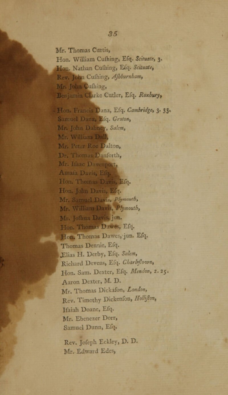 Hon. William Cufliing, Efq. Scilvatey 3. j^ Natlian Culhing, Elq. Sc'Uuate, Culhing, /f/hburnkanif luniing, rkc Cutler, Efq. Roxhury^ .ma, Efq. Cambridgit 3. 33, Jfq. Grotoiti r, Salcntf Mr. \V. 'fymouihf Mr. Jo' ^, jun. Hon. '1 ^.i^*, Efq. Kis Dawes, jun. Efq. Thomas Dcnnie, Efq. ^JElias H. Derby, Efq. Snhm, Richard Devens, Efq. Charlffo-Mrtt Hon. Sam. Doxtcr, Efq. Memkn, 2. 25. Aaron Dexter, M. D. Mr. Thomas Dickafon, London^ Rev. Timothy Dickenfon, HoUi/lon, Ifliiah Doane, Efq. Mr. Ebcnezer Dorr, Samuel Dunn, Efq. Rev. jofcph Eckley, D. D. Mr. Edward Edes,