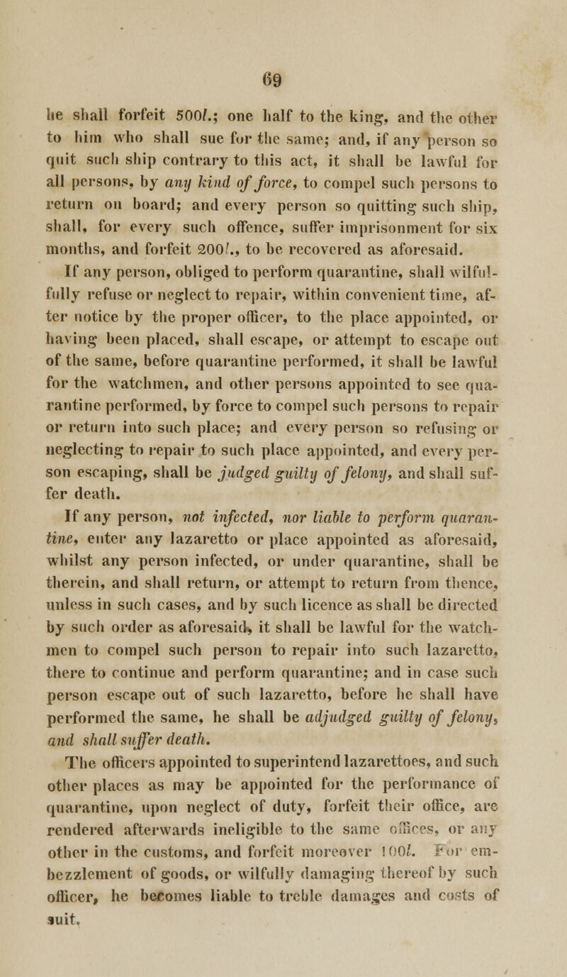 lie shall forfeit 500/.; one half to the king, and the other to him who shall sue for the same; and, if any person so quit sucli ship contrary to this act, it shall be lawful for all persons, by any kind of force, to compel such persons to return on board; and every person so quitting such ship, shall, for every such offence, suffer imprisonment for six months, and forfeit 200'., to be recovered as aforesaid. If any person, obliged to perform quarantine, shall wilful- fully refuse or neglect to repair, within convenient time, af- ter notice by the proper officer, to the place appointed, or having been placed, shall escape, or attempt to escape out of the same, before quarantine performed, it shall be lawful for the watchmen, and other persons appointed to see qua- rantine performed, by force to compel such persons to repair or return into such place; and every person so refusing or neglecting to repair to such place appointed, and every per- son escaping, shall be judged guilty of felony, and shall suf- fer death. If any person, not infected, nor liable to perform quaran- tine, enter any lazaretto or place appointed as aforesaid, whilst any person infected, or under quarantine, shall be therein, and shall return, or attempt to return from thence, unless in such cases, and by such licence as shall be directed by such order as aforesaid*, it shall be lawful for the watch- men to compel such person to repair into such lazaretto, there to continue and perform quarantine; and in case such person escape out of such lazaretto, before he shall have performed the same, he shall be adjudged guilty of felony, and shall suffer death. The officers appointed to superintend lazarettoes, and such other places as may be appointed for the performance of quarantine, upon neglect of duty, forfeit their office, are rendered afterwards ineligible to the same offices, or any other in the customs, and forfeit moreover ! 00'. I5 or em- bezzlement of goods, or wilfully damaging thereof by such officer, he befomes liable to treble damages and costs of suit.