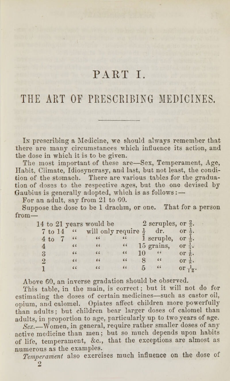 THE ART OF PRESCRIBING MEDICINES. In prescribing a Medicine, we should always remember that there are many circumstances which influence its action, and the dose in which it is to be given. The most important of these are—Sex, Temperament, Age, Habit, Ciimate, Idiosyncrasy, and last, but not least, the condi- tion of the stomach. There are various tables for the gradua- tion of doses to the respective ages, but the one devised by Gaubius is generally adopted, which is as follows: — For an adult, say from 21 to 60. Suppose the dose to be 1 drachm, or one. That for a person from— 14 to 21 years would be 2 scruples, or f. or \, orf. 7 to 14 ' ' will only requ re \ dr. 4 to 7 ' < a n 1 scruple, 4 * t <( a 15 grains, 3 i a a 10  2 t tt tt 8  1 < t a a 5  or \. or \. oriV Above 60, an inverse gradation should be observed. This table, in the main, is correct; but it will not do for estimating the doses of certain medicines—such as castor oil, opium, and calomel. Opiates affect children more powerfully than adults; but children bear larger doses of calomel than adults, in proportion to age, particularly up to two years of age. Sex. Women, in general, require rather smaller doses of any active medicine than men; but so much depends upon habits of life, temperament, &c, that the exceptions are almost as numerous as the examples. Temperament also exercises much influence on the dose of 2