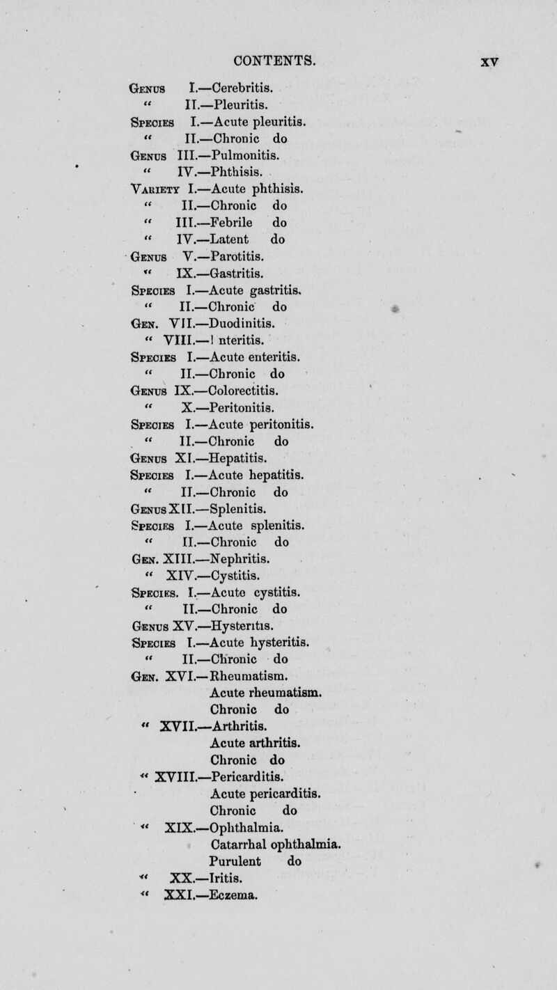 Genus I.—Cerebritis.  IT.—Pleuritis. Species I.—Acute pleuritis.  II.—Chronic do Genus III.—Pulmonitis. IV.—Phthisis. Variety I.—Acute phthisis.  II.—Chronic do III.—Febrile do  IV.—Latent do Genus V.—Parotitis.  IX.—Gastritis. Species I.—Acute gastritis.  II.—Chronic do Gen. VII.—Duodinitis.  VIII.—I nteritis. Species I.—Acute enteritis.  II.—Chronic do Genus IX.—Colorectitis.  X.—Peritonitis. Species I.—Acute peritonitis.  II.—Chronic do Genus XI.—Hepatitis. Species I.—Acute hepatitis.  II.—Chronic do Genus XI I.—Splenitis. Species I.—Acute splenitis.  II.—Chronic do Gen. XIII.—Nephritis.  XIV.—Cystitis. Species. I.—Acute cystitis.  II.—Chronic do Genus XV.—Hystentis. Species I.—Acute hysteritis.  II.—Chronic do Gen. XVI.—Rheumatism. Acute rheumatism. Chronic do  XVII.—Arthritis. Acute arthritis. Chronic do «• XVIII.—Pericarditis. Acute pericarditis. Chronic do « XIX.—Ophthalmia. Catarrhal ophthalmia. Purulent do « XX.—Iritis. « XXI.—Eczema.