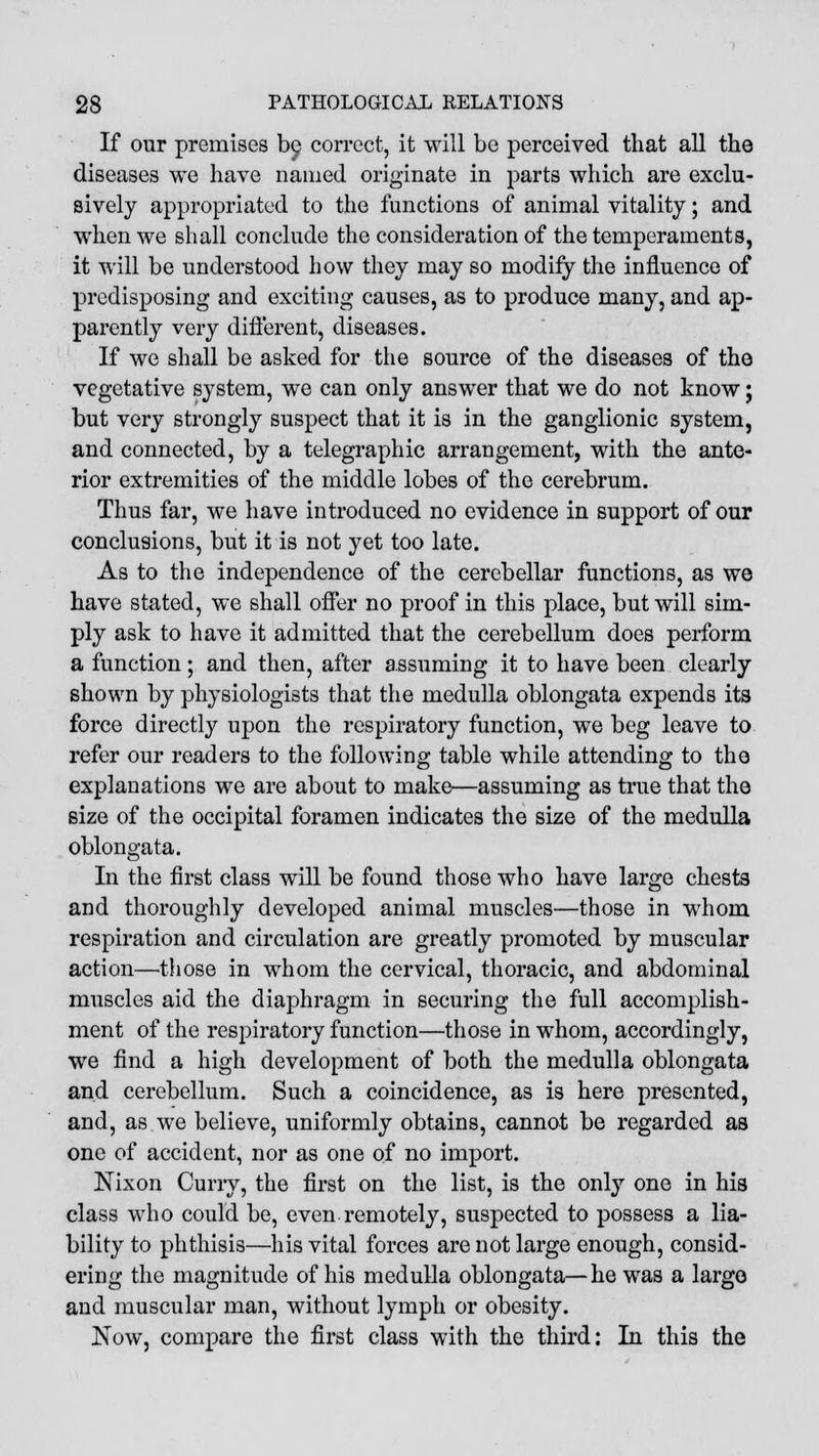 If our premises be correct, it will be perceived that all the diseases we have named originate in parts which are exclu- sively appropriated to the functions of animal vitality; and when we shall conclude the consideration of the temperaments, it will be understood how they may so modify the influence of predisposing and exciting causes, as to produce many, and ap- parently very different, diseases. If we shall be asked for the source of the diseases of the vegetative system, we can only answer that we do not know; but very strongly suspect that it is in the ganglionic system, and connected, by a telegraphic arrangement, with the ante- rior extremities of the middle lobes of the cerebrum. Thus far, we have introduced no evidence in support of our conclusions, but it is not yet too late. As to the independence of the cerebellar functions, as we have stated, we shall offer no proof in this place, but will sim- ply ask to have it admitted that the cerebellum does perform a function; and then, after assuming it to have been clearly shown by physiologists that the medulla oblongata expends its force directly upon the respiratory function, we beg leave to refer our readers to the following table while attending to the explanations we are about to make—assuming as true that the size of the occipital foramen indicates the size of the medulla oblongata. In the first class will be found those who have large chests and thoroughly developed animal muscles—those in whom respiration and circulation are greatly promoted by muscular action—those in whom the cervical, thoracic, and abdominal muscles aid the diaphragm in securing the full accomplish- ment of the respiratory function—those in whom, accordingly, we find a high development of both the medulla oblongata and cerebellum. Such a coincidence, as is here presented, and, as we believe, uniformly obtains, cannot be regarded as one of accident, nor as one of no import. Nixon Curry, the first on the list, is the only one in his class who could be, even remotely, suspected to possess a lia- bility to phthisis—his vital forces are not large enough, consid- ering the magnitude of his medulla oblongata—he was a largo and muscular man, without lymph or obesity. Now, compare the first class with the third: In this the