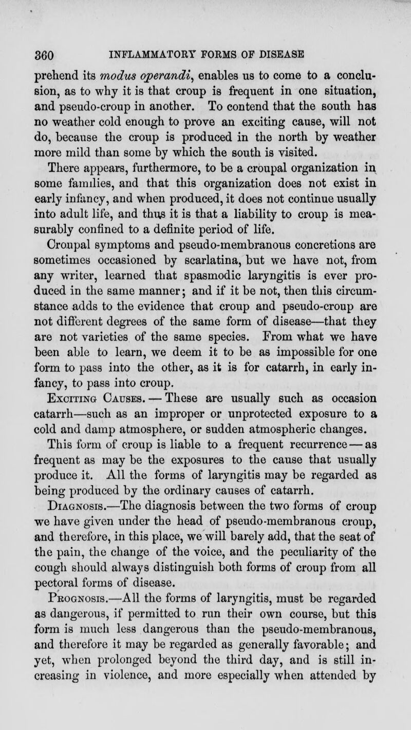 prehend its modus operandi, enables us to come to a conclu- sion, as to why it is that croup is frequent in one situation, and pseudo-croup in another. To contend that the south has no weather cold enough to prove an exciting cause, will not do, because the croup is produced in the north by weather more mild than some by which the south is visited. There appears, furthermore, to be a croupal organization in some families, and that this organization does not exist in early infancy, and when produced, it does not continue usually into adult life, and thus it is that a liability to croup is mea- surably confined to a definite period of life. Croupal symptoms and pseudo-membranous concretions are sometimes occasioned by scarlatina, but we have not, from any writer, learned that spasmodic laryngitis is ever pro- duced in the same manner; and if it be not, then this circum- stance adds to the evidence that croup and pseudo-croup are not different degrees of the same form of disease—that they are not varieties of the same species. From what we have been able to learn, we deem it to be as impossible for one form to pass into the other, as it is for catarrh, in early in- fancy, to pass into croup. Exciting Causes. — These are usually such as occasion catarrh—such as an improper or unprotected exposure to a cold and damp atmosphere, or sudden atmospheric changes. This form of croup is liable to a frequent recurrence — as frequent as may be the exposures to the cause that usually produce it. All the forms of laryngitis may be regarded as being produced by the ordinary causes of catarrh. Diagnosis.—The diagnosis between the two forms of croup we have given under the head of pseudo-membranous croup, and therefore, in this place, we will barely add, that the seat of the pain, the change of the voice, and the peculiarity of the cough should always distinguish both forms of croup from all pectoral forms of disease. Prognosis.—All the forms of laryngitis, must be regarded as dangerous, if permitted to run their own course, but this form is much less dangerous than the pseudo-membranous, and therefore it may be regarded as generally favorable; and yet, when prolonged beyond the third day, and is still in- creasing in violence, and more especially when attended by