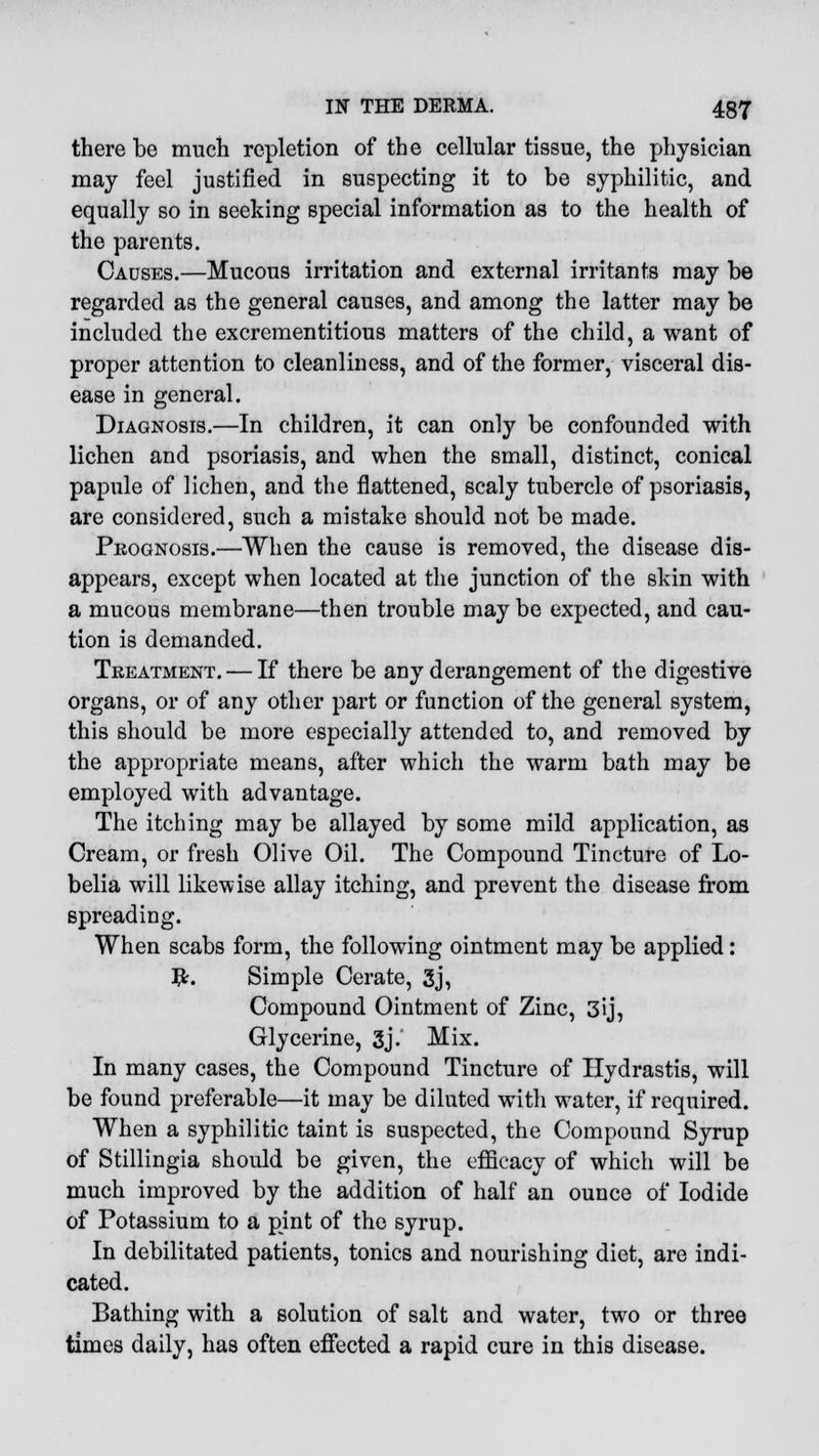 there be much repletion of the cellular tissue, the physician may feel justified in suspecting it to be syphilitic, and equally so in seeking special information as to the health of the parents. Causes.—Mucous irritation and external irritants may be regarded as the general causes, and among the latter may be included the excrementitious matters of the child, a want of proper attention to cleanliness, and of the former, visceral dis- ease in general. Diagnosis.—In children, it can only be confounded with lichen and psoriasis, and when the small, distinct, conical papule of lichen, and the flattened, scaly tubercle of psoriasis, are considered, such a mistake should not be made. Prognosis.—When the cause is removed, the disease dis- appears, except when located at the junction of the skin with a mucous membrane—then trouble may be expected, and cau- tion is demanded. Treatment. — If there be any derangement of the digestive organs, or of any other part or function of the general system, this should be more especially attended to, and removed by the appropriate means, after which the warm bath may be employed with advantage. The itching may be allayed by some mild application, as Cream, or fresh Olive Oil. The Compound Tincture of Lo- belia will likewise allay itching, and prevent the disease from spreading. When scabs form, the following ointment may be applied: #. Simple Cerate, 3j, Compound Ointment of Zinc, 3ij, Glycerine, 3j.' Mix. In many cases, the Compound Tincture of Hydrastis, will be found preferable—it may be diluted with water, if required. When a syphilitic taint is suspected, the Compound Syrup of Stillingia should be given, the efficacy of which will be much improved by the addition of half an ounce of Iodide of Potassium to a pint of the syrup. In debilitated patients, tonics and nourishing diet, are indi- cated. Bathing with a solution of salt and water, two or three times daily, has often effected a rapid cure in this disease.