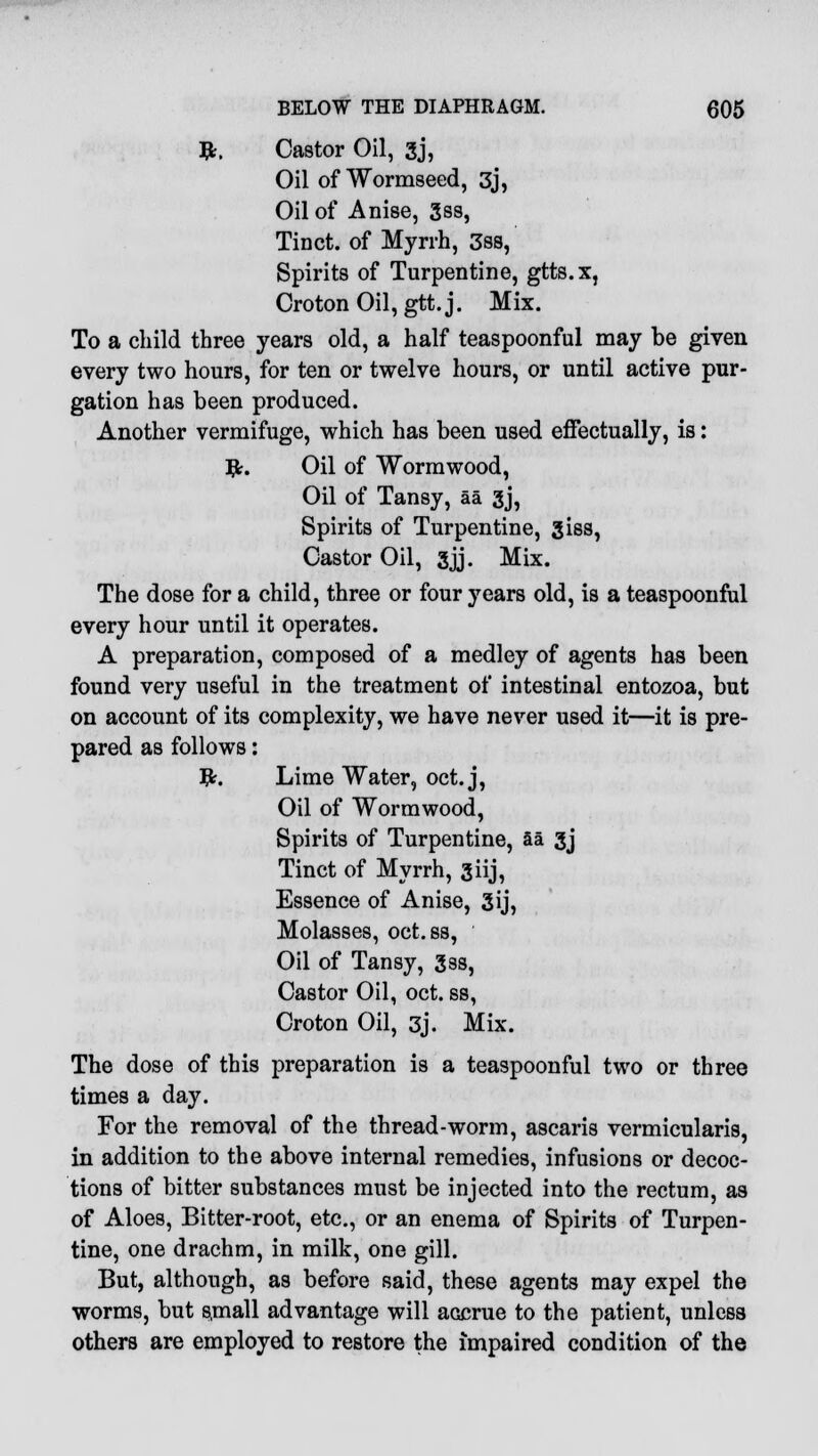 #, Castor Oil, 3j, Oil of Wormseed, 3J, Oil of Anise, 3ss, Tinct. of Myrrh, 3ss, Spirits of Turpentine, gtts.x, Croton Oil, gtt. j. Mix. To a child three years old, a half teaspoonful may be given every two hours, for ten or twelve hours, or until active pur- gation has been produced. Another vermifuge, which has been used effectually, is: Tfc. Oil of Wormwood, Oil of Tansy, aa 3j, Spirits of Turpentine, giss, Castor Oil, 3jj. Mix. The dose for a child, three or four years old, is a teaspoonful every hour until it operates. A preparation, composed of a medley of agents has been found very useful in the treatment of intestinal entozoa, but on account of its complexity, we have never used it—it is pre- pared as follows: #. Lime Water, oct. j, Oil of Wormwood, Spirits of Turpentine, aa gj Tinct of Myrrh, 3iij, Essence of Anise, gij, Molasses, oct.ss, Oil of Tansy, gss, Castor Oil, oct. ss, Croton Oil, 3j. Mix. The dose of this preparation is a teaspoonful two or three times a day. For the removal of the thread-worm, ascaris vermicularis, in addition to the above internal remedies, infusions or decoc- tions of bitter substances must be injected into the rectum, as of Aloes, Bitter-root, etc., or an enema of Spirits of Turpen- tine, one drachm, in milk, one gill. But, although, as before said, these agents may expel the worms, but small advantage will accrue to the patient, unless others are employed to restore the impaired condition of the