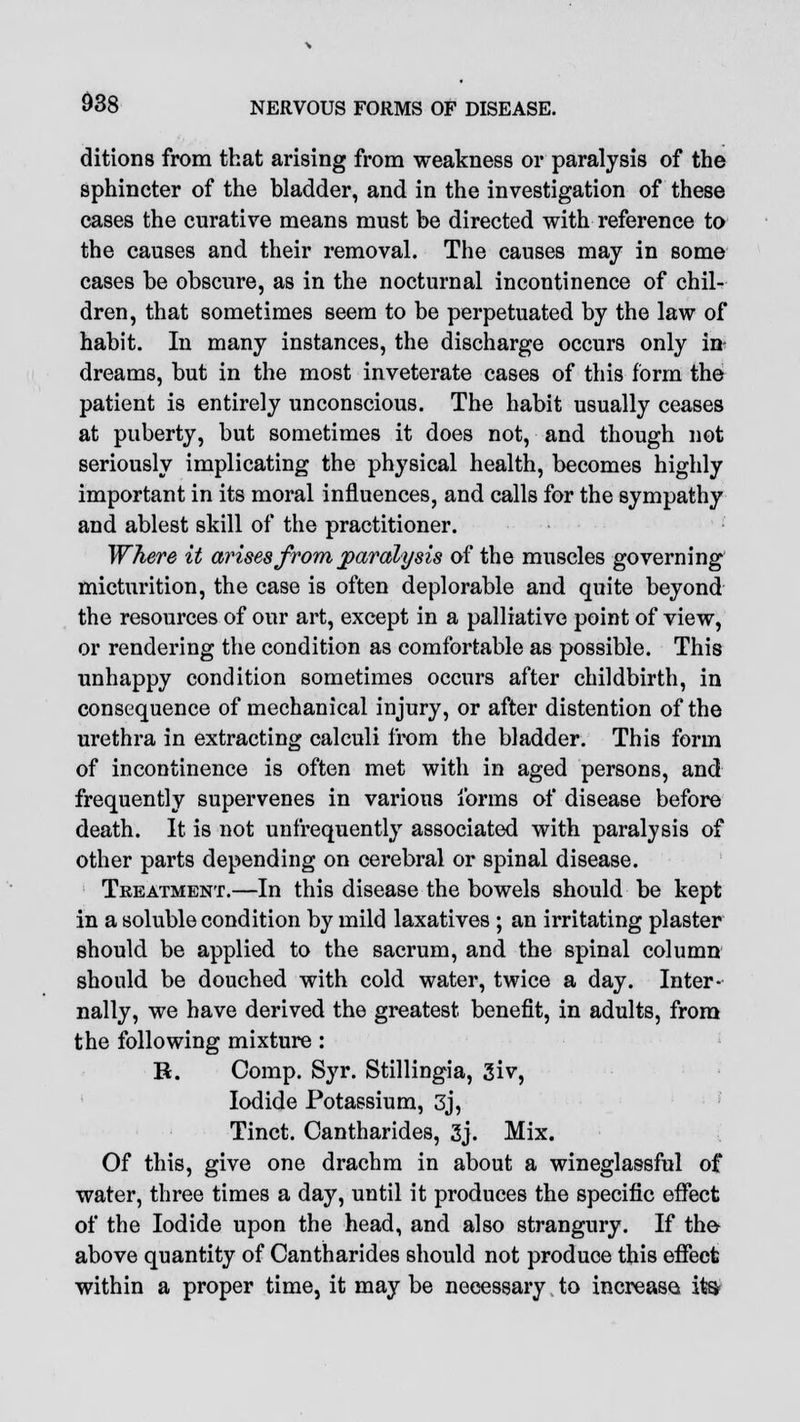 dition8 from that arising from weakness or paralysis of the sphincter of the bladder, and in the investigation of these cases the curative means must be directed with reference to the causes and their removal. The causes may in some cases be obscure, as in the nocturnal incontinence of chil- dren, that sometimes seem to be perpetuated by the law of habit. In many instances, the discharge occurs only in dreams, but in the most inveterate cases of this form the patient is entirely unconscious. The habit usually ceases at puberty, but sometimes it does not, and though not seriously implicating the physical health, becomes highly important in its moral influences, and calls for the sympathy and ablest skill of the practitioner. Where it arises from paralysis of the muscles governing micturition, the case is often deplorable and quite beyond the resources of our art, except in a palliative point of view, or rendering the condition as comfortable as possible. This unhappy condition sometimes occurs after childbirth, in consequence of mechanical injury, or after distention of the urethra in extracting calculi from the bladder. This form of incontinence is often met with in aged persons, and frequently supervenes in various forms of disease before death. It is not unfrequently associated with paralysis of other parts depending on cerebral or spinal disease. Treatment.—In this disease the bowels should be kept in a soluble condition by mild laxatives ; an irritating plaster should be applied to the sacrum, and the spinal column should be douched with cold water, twice a day. Inter- nally, we have derived the greatest benefit, in adults, from the following mixture : R. Comp. Syr. Stillingia, 3iv, Iodide Potassium, 3j, Tinct. Cantharides, 3j. Mix. Of this, give one drachm in about a wineglassful of water, three times a day, until it produces the specific effect of the Iodide upon the head, and also strangury. If the above quantity of Cantharides should not produce this effect within a proper time, it may be necessary to increase its/