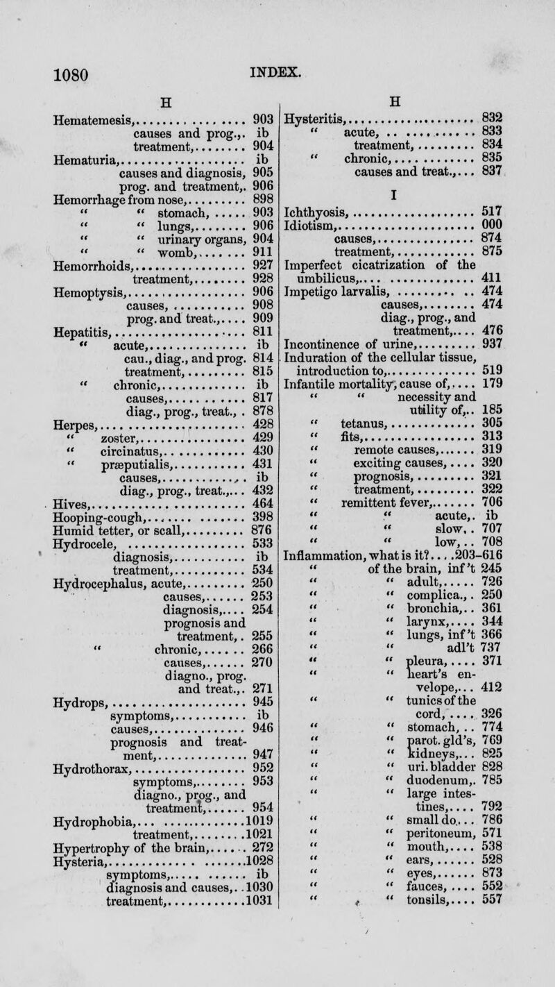 H Hematemesis, 903 causes and prog.,, ib treatment, 904 Hematuria, ib causes and diagnosis, 905 prog, and treatment,. 906 Hemorrhage from nose, 898   stomach, 903  lungs, 906   urinary organs, 904  womb, 911 Hemorrhoids,.... 927 treatment, 928 Hemoptysis, 906 causes, 908 prog, and treat.,.... 909 Hepatitis, 811  acute, ib cau., diag., and prog. 814 treatment, 815  chronic, ib causes, 817 diag., prog., treat., . 878 Herpes, 428  zoster, 429  circinatus, 430  pneputialis, 431 causes, , . ib diag., prog., treat.,... 432 Hives, 464 Hooping-cough, 398 Humid tetter, or scall, 876 Hydrocele, 533 diagnosis, ib treatment, 534 Hydrocephalus, acute, 250 causes, 253 diagnosis,.... 254 prognosis and treatment,. 255  chronic, 266 causes, 270 diagno., prog, and treat.,. 271 Hydrops, 945 symptoms, ib causes, 946 prognosis and treat- ment, 947 Hydrothorax, 952 symptoms, 953 diagno., prog., and treatment, 954 Hydrophobia, 1019 treatment 1021 Hypertrophy of the brain,..... 272 Hysteria, 1028 symptoms, ib diagnosis and causes,. .1030 treatment, 1031 H Hysteritis, 832  acute, 833 treatment, 834  chronic, 835 causes and treat.,... 837 I Ichthyosis, 517 Idiotism, 000 causes, 874 treatment, 875 Imperfect cicatrization of the umbilicus, 411 Impetigo larvalis, 474 causes, 474 diag., prog., and treatment,.... 476 Incontinence of urine, 937 Induration of the cellular tissue, introduction to, 519 Infantile mortality, cause of,.... 179   necessity and utility of,.. 185  tetanus, 305  fits, 313  remote causes, 319  exciting causes,.... 320  prognosis, 321  treatment, 322  remittent fever, 706   acute,, ib   slow, . 707   low,.. 708 Inflammation, what is it?.., .203-616  of the brain, inf't 245  adult 726   complica.,. 250   bronchia,.. 361   larynx, 344  lungs, inf't 366 adl't 737   pleura, 371   heart's en- velope,. .. 412   tunics of the cord, 326   stomach, .. 774  parot.gld's, 769   kidneys,... 825 *' uri. bladder 828   duodenum,. 785   large intes- tines, 792  small do... 786   peritoneum, 571  mouth, 538   ears, 528   eyes, 873   fauces, 552  ,  tonsils,.... 557