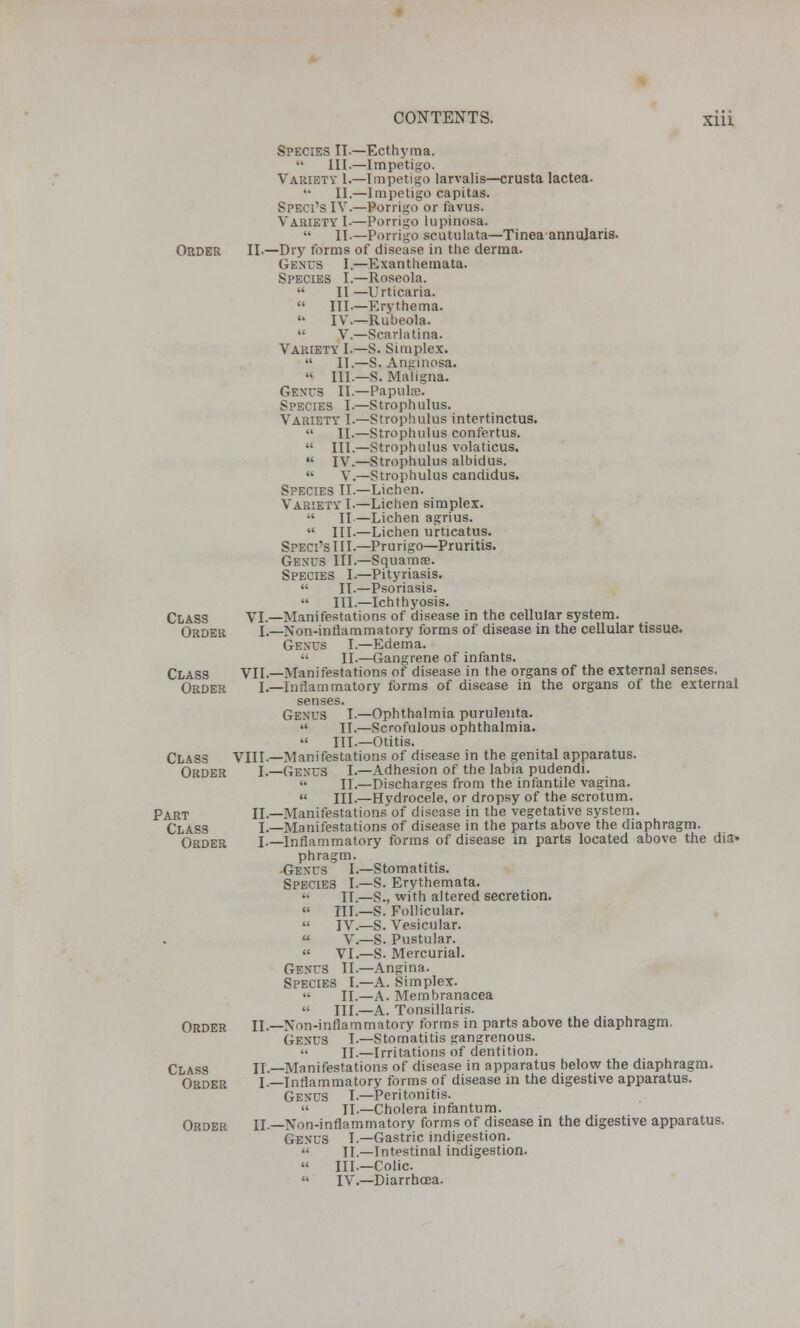 X1U Order II — Class VI Order I Class VII Order I Class VIII Order I Part II Class I Order I Order II Class II Order I Order II Species II.—Ecthyma.  III.—Impetigo. Variety 1.—Impetigo larvalis—crusta lactea.  II.—Impetigo capitas. Speci'sIV.—Porrigo or favus. Variety I-—Porrigo lupinosa. II.—Porrigo scutulata—Tinea annularis. Dry forms of disease in the derma. Genus I.—Exanthemata. Species I.—Roseola. II —Urticaria.  III.—Erythema.  IV.—Rubeola.  V.—Scarlatina. Variety I.—S. Simplex.  II.—S. Anginosa.  III.—S. Maligna. Gents II.—Papulae. Species I.—Strophulus. Variety I.—Strophulus intertinctus.  II.—Strophulus confertus.  III.—Strophulus volaticus.  IV.—Strophulus albidus. '• V.—Strophulus candidus. Species II.—Lichen. Variety I.—Lichen simplex.  II.—Lichen agrius.  III.—Lichen urticatus. Speci's IIL—Prurigo—Pruritis. Genus III.—Squamae. Species I.—Pityriasis.  II.—Psoriasis.  III.—Ichthyosis. —Manifestations of disease in the cellular system. ,—Non-inflammatory forms of disease in the cellular tissue. Gents I.—Edema.  II.—Gangrene of infants. —Manifestations of disease in the organs of the external senses. —Inflammatory forms of disease in the organs of the external senses. Genus T.—Ophthalmia purulenta.  II.—Scrofulous ophthalmia.  III.—Otitis. —Manifestations of disease in the genital apparatus. —Gents I.—Adhesion of the labia pudendi.  II.—Discharges from the infantile vagina.  HI.—Hydrocele, or dropsy of the scrotum. —Manifestations of disease in the vegetative system. —Manifestations of disease in the parts above the diaphragm. —Inflammatory forms of disease in parts located above the dia» phragm. Gents I.—Stomatitis. Species I.—S. Erythemata. « II.—S., with altered secretion.  III.—S. Follicular.  IV.—S. Vesicular. « V.—S. Pustular.  VI.—S- Mercurial. Genus II.—Angina. Species I.—A. Simplex. II.—A. Membranacea  III.—A. Tonsillaris. —Non-inflammatory forms in parts above the diaphragm. Genus I.—Stomatitis gangrenous.  II.—Irritations of dentition. .—Manifestations of disease in apparatus below the diaphragm. —Inflammatory forms of disease in the digestive apparatus. Genus I.—Peritonitis.  II.—Cholera infantum. .—Non-inflammatory forms of disease in the digestive apparatus. Genus I.—Gastric indigestion.  II.—Intestinal indigestion.  III—Colic.  IV.—Diarrhoea.