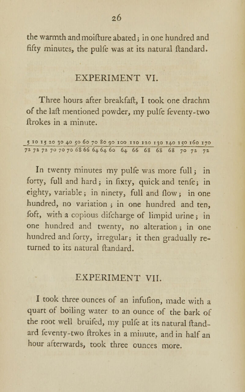 the warmth andmoiftiire abated; in one hundred and fifty nfiinutes, the pulfe was at its natural ftandard. EXPERIMENT VI. Three hours after breakfaft, I took one drachm of the lad mentioned powder, my pulfe feventy-two flrokes in a minute. 5 IP 15 20 30 40 50 60 70 80 90 100 no 120 130 14.0 150 160 170 72 7a 72 70 70 70 68 66 64.64 60 64 66 68 68 68 70 72 72 In twenty minutes my pulfe was more full j in forty, full and hard; in fixty, quick and tenfe; in eighty, variable ; in ninety, full and flow; in one hundred, no variation ; in one hundred and ten, foft, with a copious difcharge of limpid urine; in one hundred and twenty, no alteration; in one hundred and forty, irregular; it then gradually re- turned to its natural ftandard. EXPERIMENT VII. I took three ounces of an infufion, made with a quart of boiling water to an ounce of the bark of the root well bruifed, my pulfe at its natural ftand- ard feventy-two ftrokes in a minute, and in half an hour afterwards, took three ounces more.