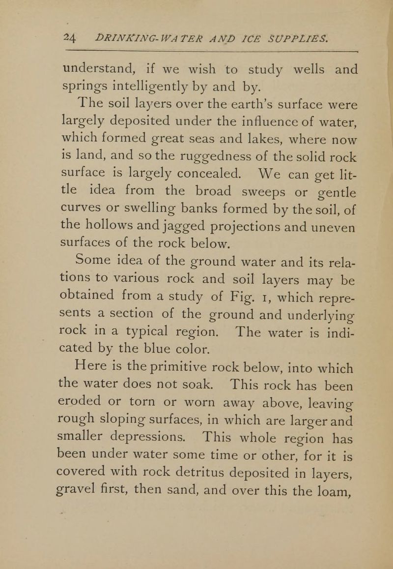 understand, if we wish to study wells and springs intelligently by and by. The soil layers over the earth's surface were largely deposited under the influence of water, which formed great seas and lakes, where now is land, and so the ruggedness of the solid rock surface is largely concealed. We can get lit- tle idea from the broad sweeps or gentle curves or swelling banks formed by the soil, of the hollows and jagged projections and uneven surfaces of the rock below. Some idea of the ground water and its rela- tions to various rock and soil layers may be obtained from a study of Fig. i, which repre- sents a section of the ground and underlying rock in a typical region. The water is indi- cated by the blue color. Here is the primitive rock below, into which the water does not soak. This rock has been eroded or torn or worn away above, leaving rough sloping surfaces, in which are larger and smaller depressions. This whole region has been under water some time or other, for it is covered with rock detritus deposited in layers, gravel first, then sand, and over this the loam,